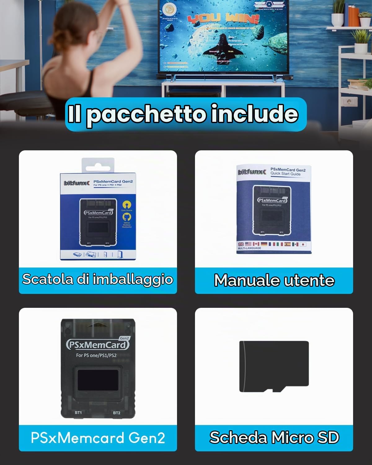 PSxMemCard Gen2 include una MicroSD da 8GB, per PS2/PS1/PS One