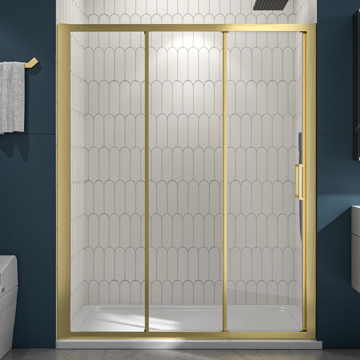 56-60" W×70" H 3-Panel Sliding Shower Door, Semi Frameless Aluminium Dual Sliding Doors with Fixed Glass Panel, 6mm SGCC Tempered Glass, Reversible Installation, Brushed Gold