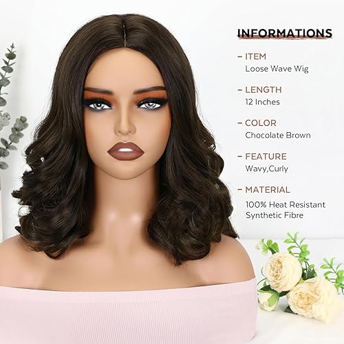 Miniatura 10 de FAVE Peluca corta ondulada hasta el hombro, pelucas estilo Bob de 16 pulgadas, parte media, pelucas marrones para mujeres negras, peluca sintética