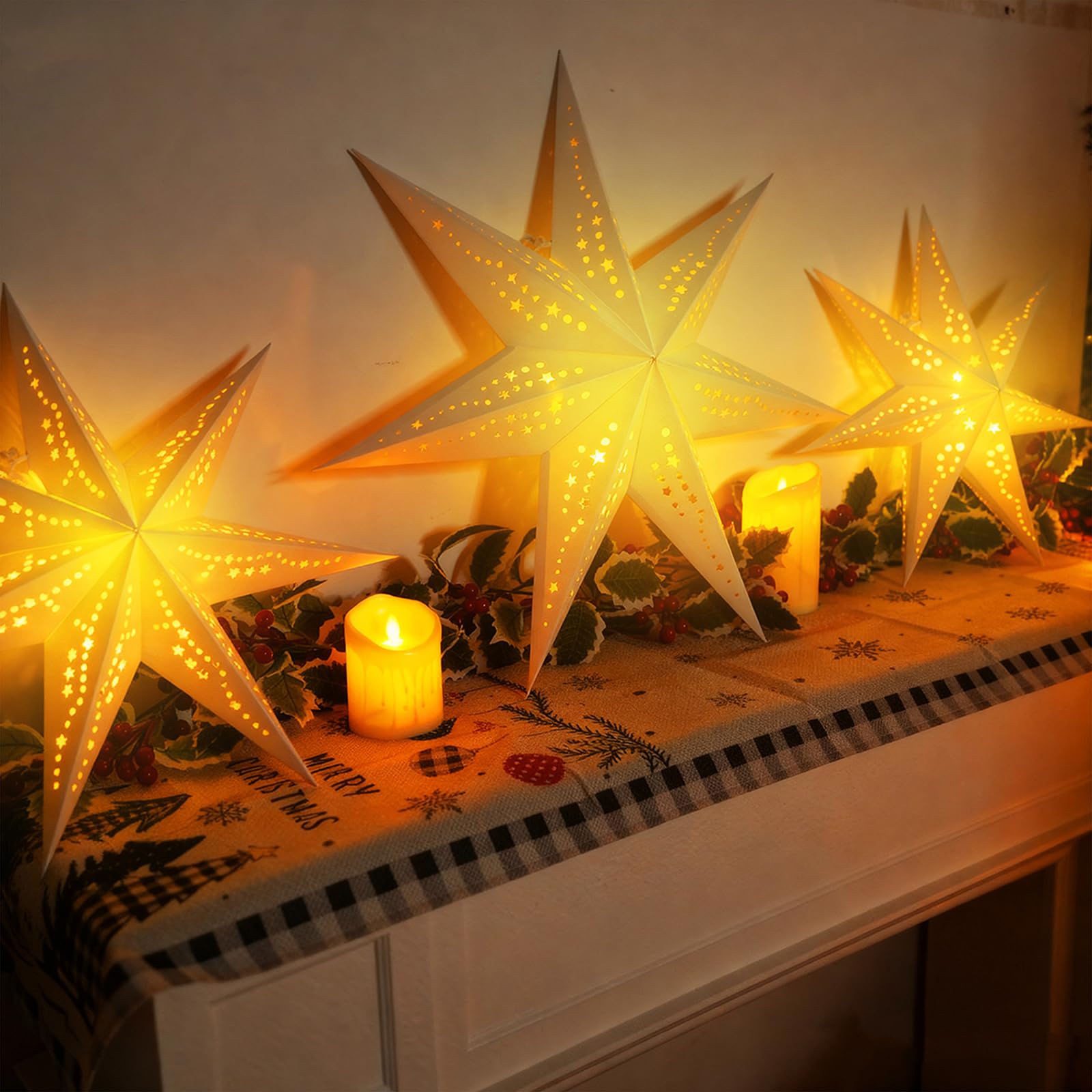 Große Papierstern-Laternen mit Lichtern, 3D-Hohl-Out-Weihnachtspapierlaternen, 4 Stück, faltbar, dekorative Weihnachtsdekorationen für Weihnachten, Hochzeit, Neujahr, Party, Heimdekoration