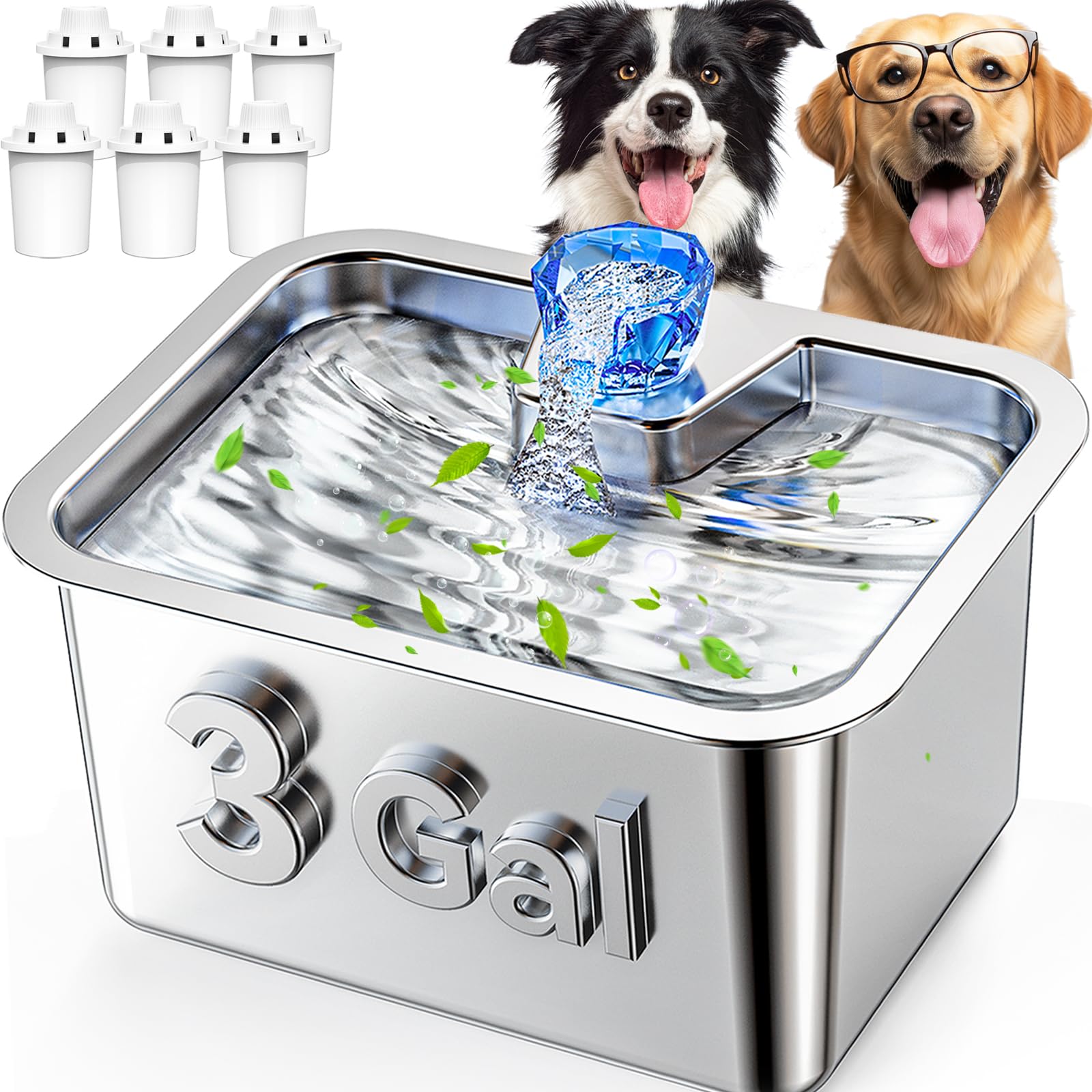 3Gal Large Dog Water Fountain Dispenser, 11L Stainless Steel Pet Fountain with 6 Filters, Ultra Quiet Automatic Dog Water Bowl Dispenser for Large & Multi-pet, Wide Drinking Area, Easy to Clean
