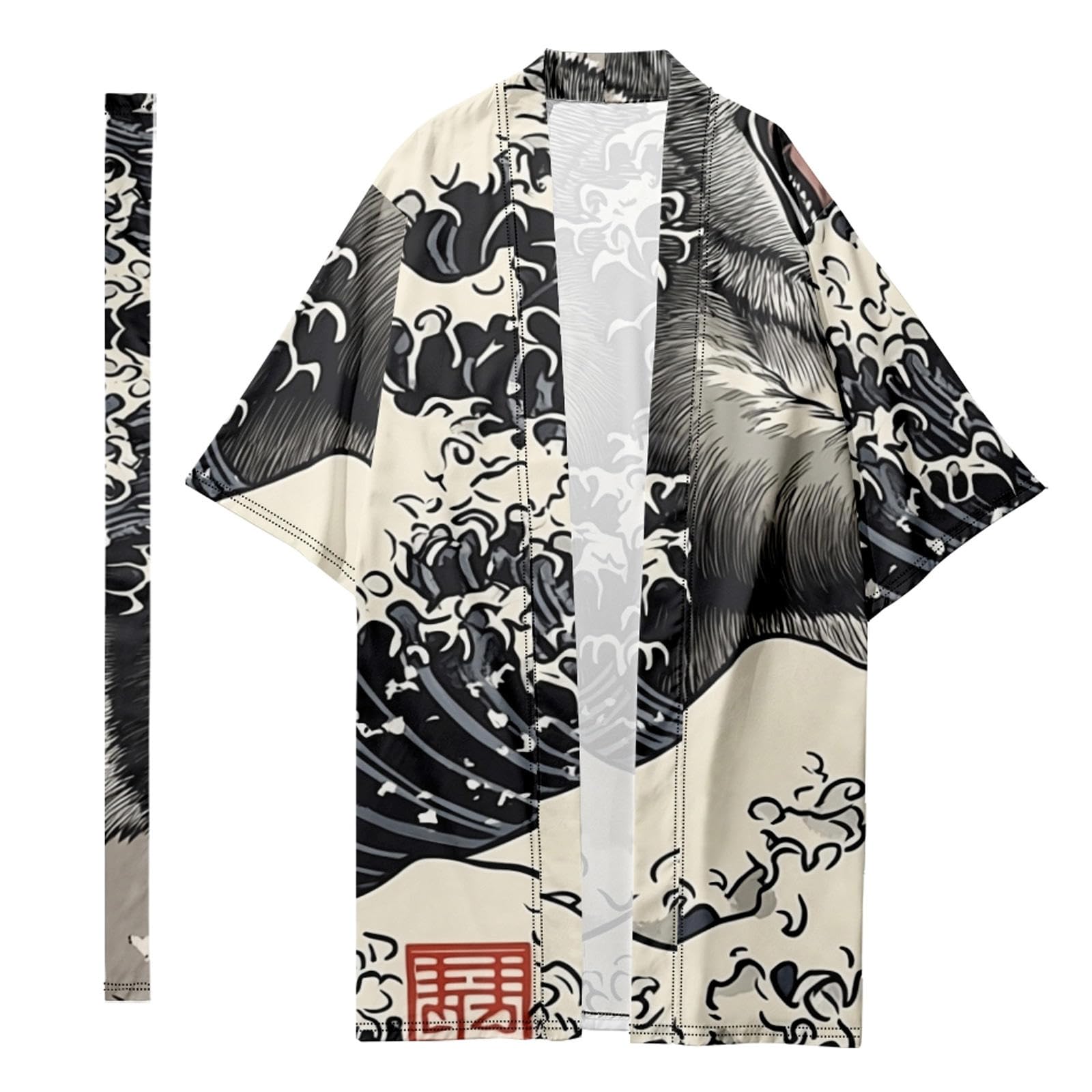DAYKET Dressing Gown with belt - for Men Japanese Wave Printed Bath Robes Long Lightweight Nightgown Cardigan Coat,Black-6XL