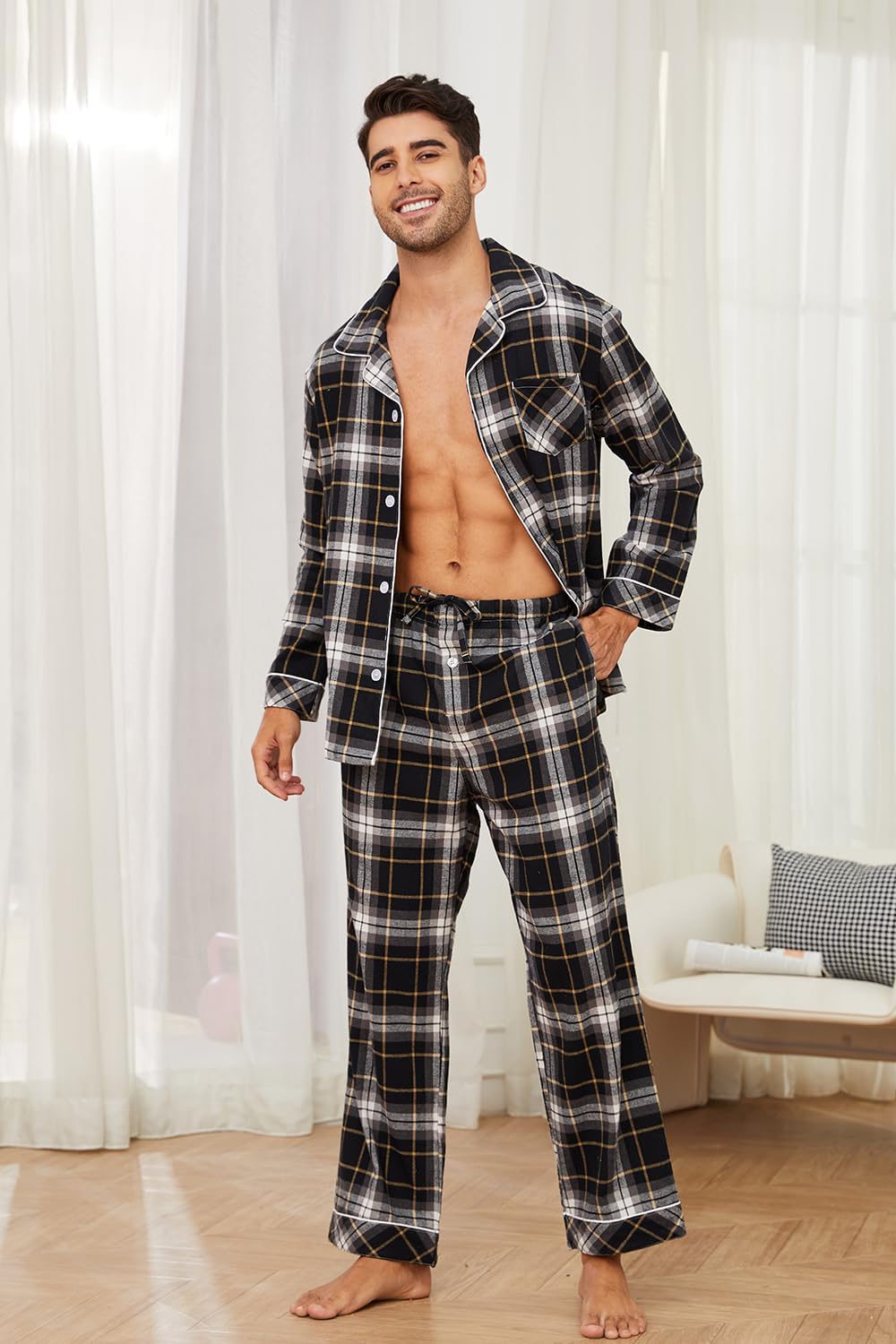 Vulcanodon Men 100% Cotton Pajama Set, Long Sleeve Flannel Pajama Sets Soft Woven Plaid 2 Piece Button Down Lounge Set - Image 2