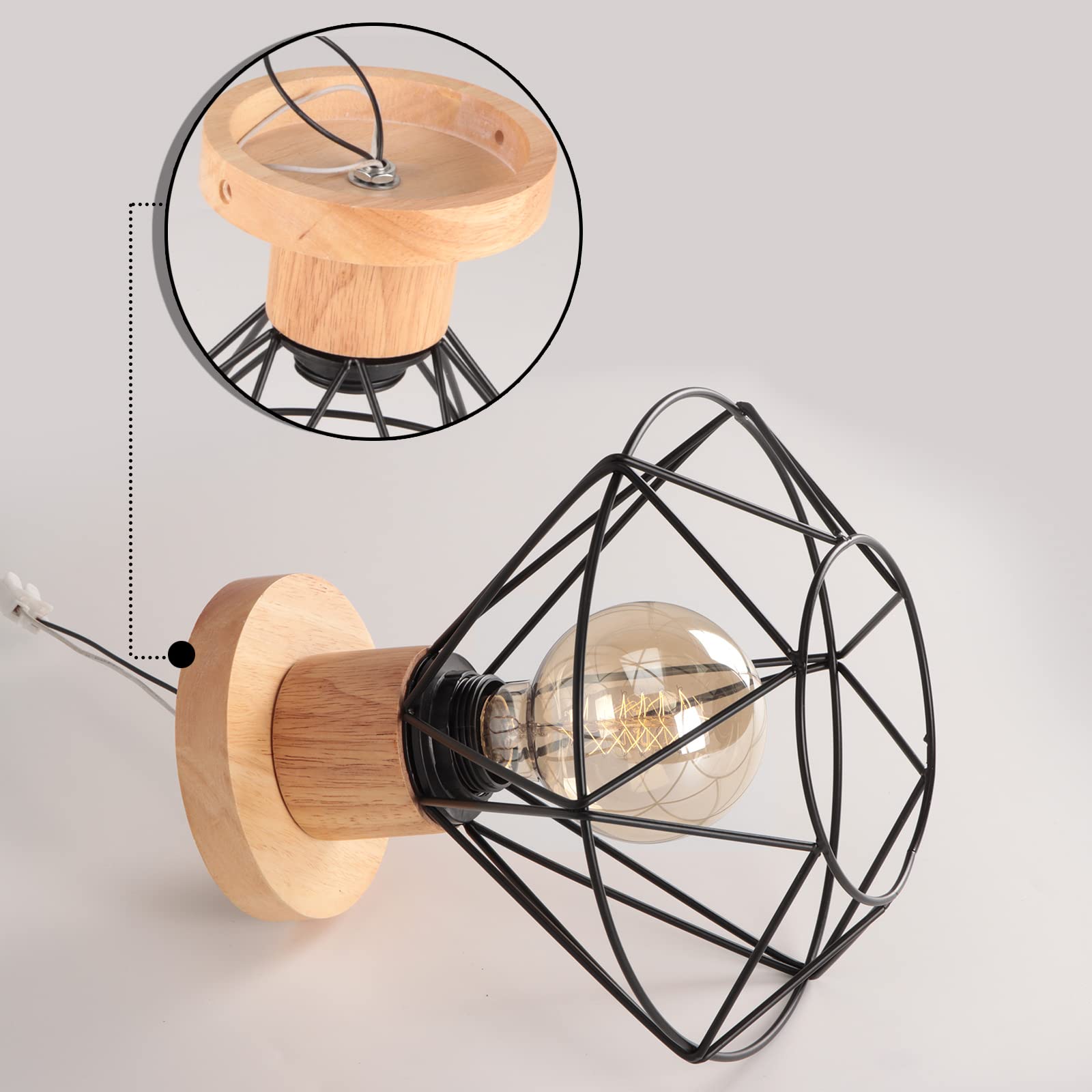 Lámparas de Techo Vintage 22CM Retro Lámpara Colgante Diseño de Jaula Negro Iluminación de Techo en Madera y Hierro E27 Luz Colgante de Interior para Pasillo Salón Cocina (Plafón, 2 Piezas)