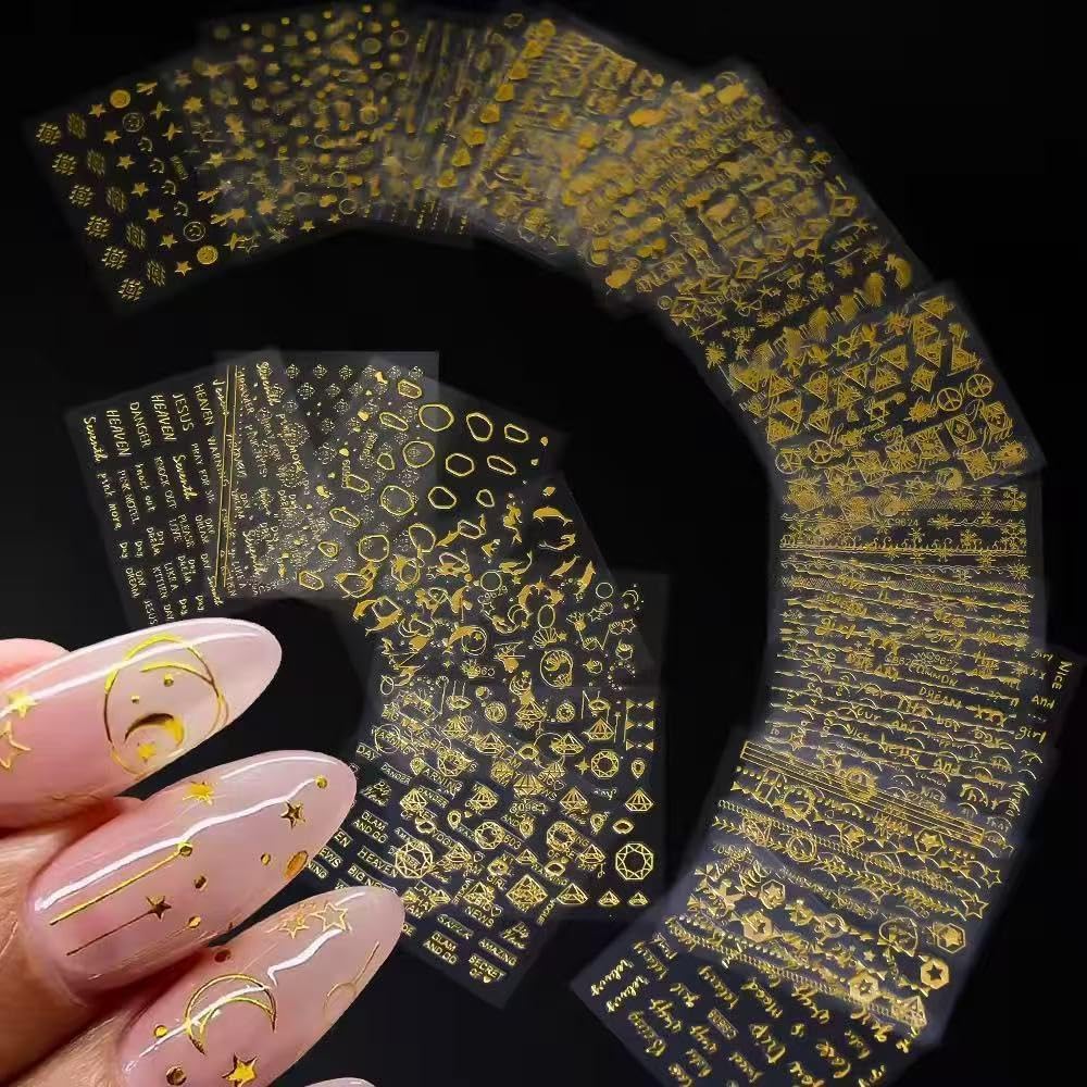 Scheibe 3D Golden Nail Art Stickers, Acrylic, Glossy Finish, Celestial Moon Star Smiley Face Design, 15 Sheets-image-26