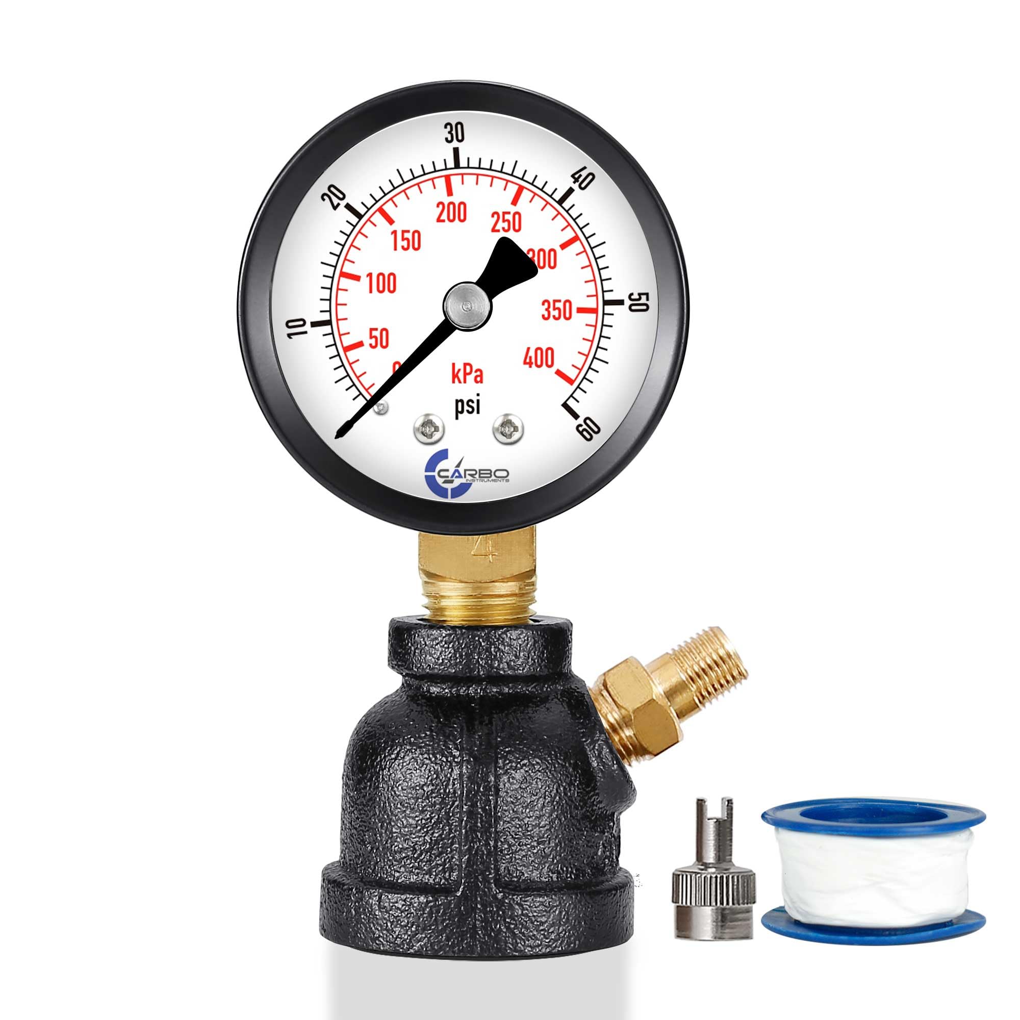 Gasprüfdruckmessgerät 60 Lb, 60 PSI / 400 kPa, 3/4 Zoll FNPT-Anschluss, Messingventil, klingelförmige Körpermontage aus geschmiedetem Stahl.