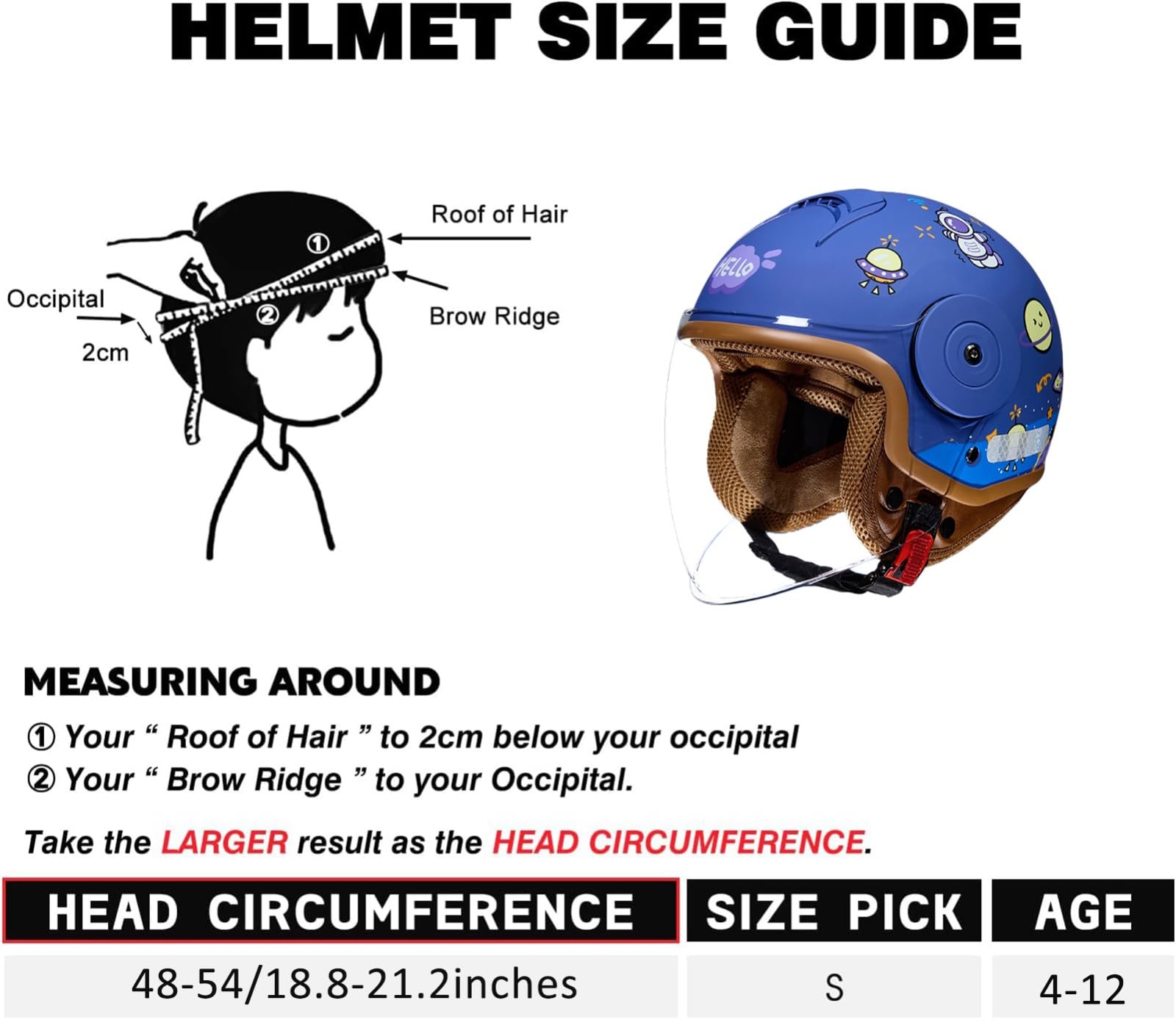 Kask dziecięcy, otwarty kask motocyklowy dla dzieci z wizjerem, regulowany kask na skuter, cruiser, motorower dla chłopców i dziewcząt w wieku 4-12 lat, 1, (48-54 cm)