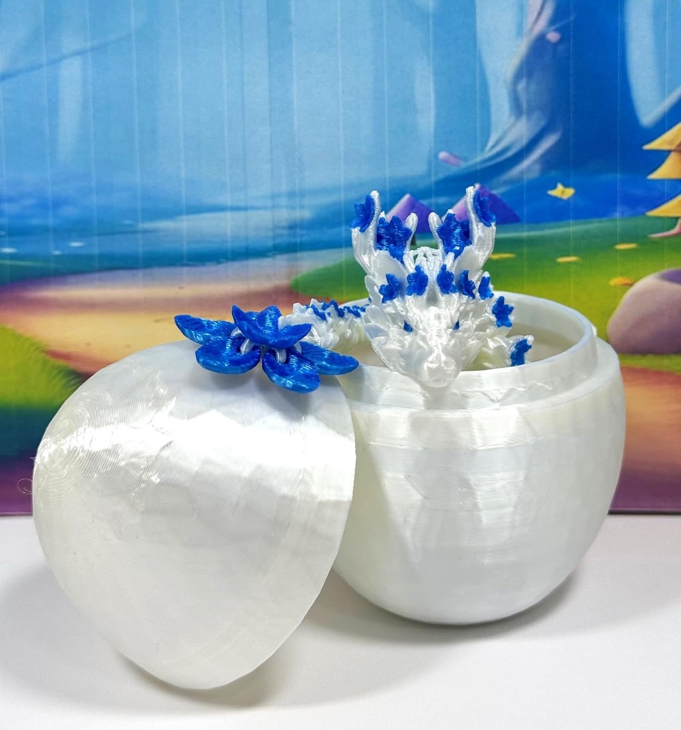 Articulated Dragon, 12" 3D Printed White and Blue Cherry Blossom Dragon, Fidget Toy Executive Desk Toy D017-WB-DR