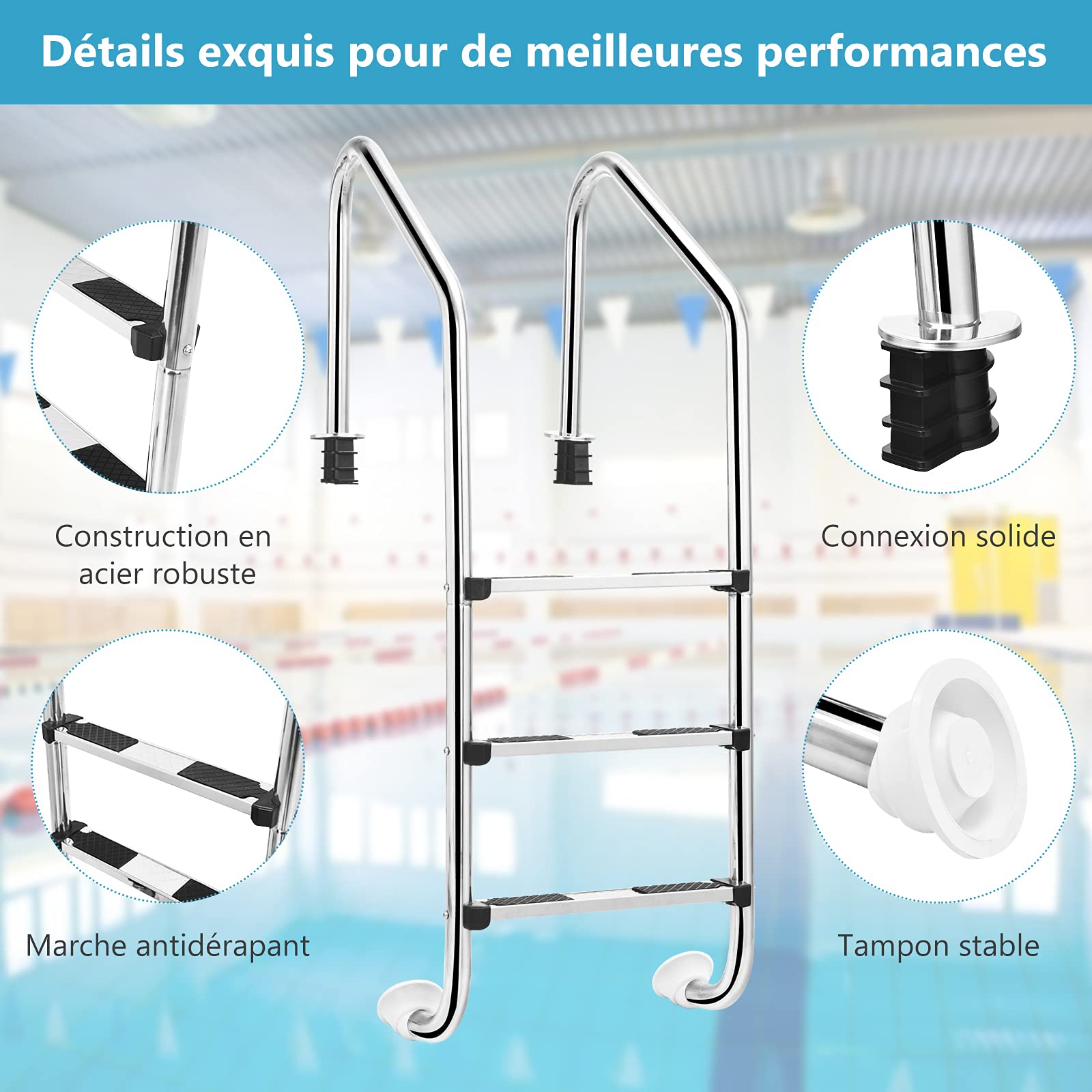 COSTWAY Échelle en Acier Inoxydable en U à 3 Niveaux pour Piscine, avec Marches Antidérapantes et Mains Courantes Confortables, Idéal pour Spa, Parc