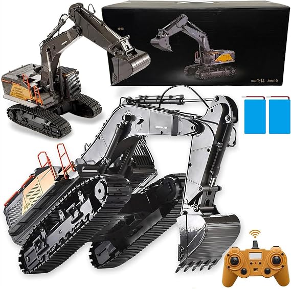 20.4 22 Channel Remote Control Excavator Truck 1/14 Scale Metal Shovel Independent Arm RC Excavator Metal Alloy Construction Vehicle Toy for Boys Kids Ages 8+ 12+
