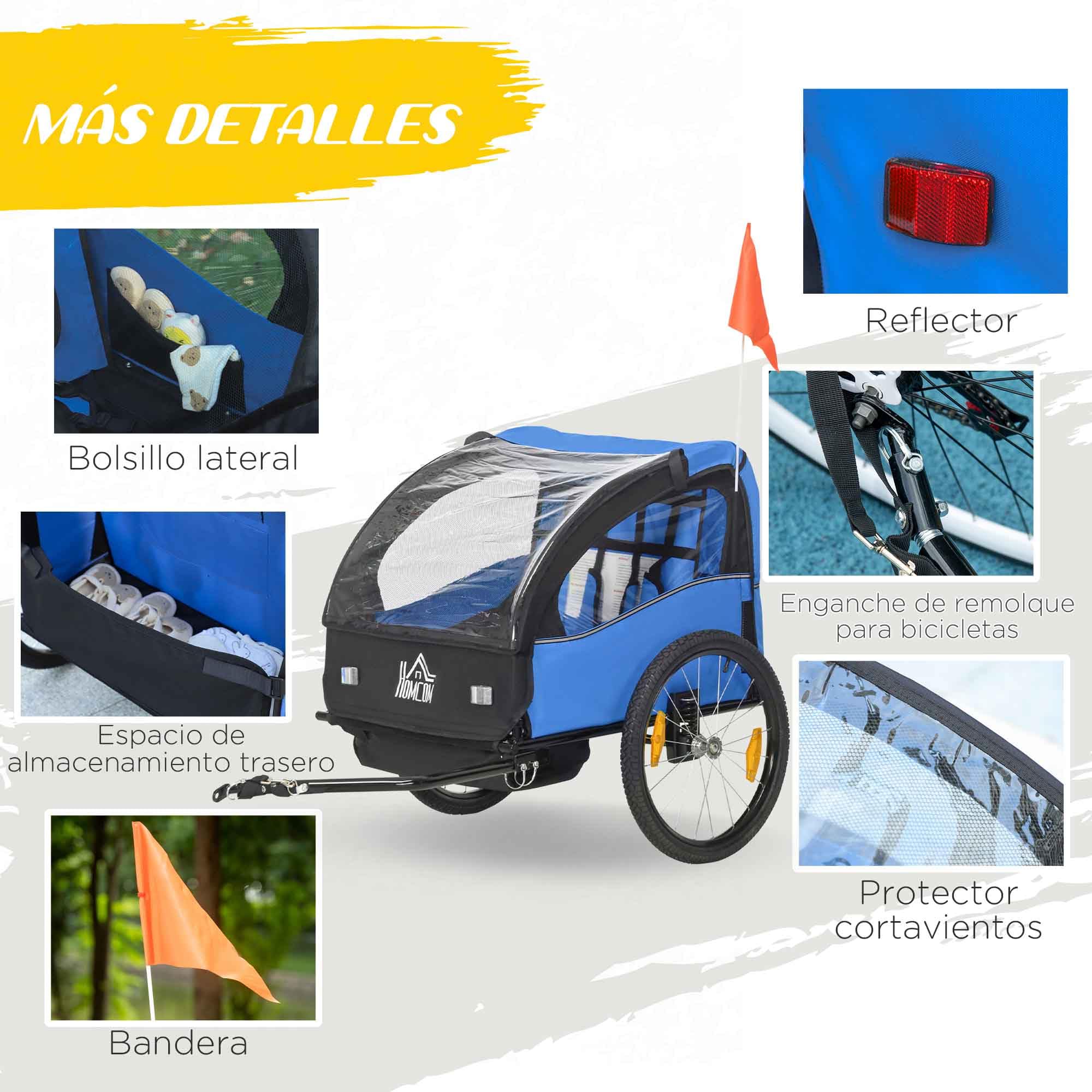 HOMCOM Remolque de Bicicleta para Niños +18 Meses Cochecito para Transporte de 2 Plazas con Cinturón de Seguridad Espacio de Almacenamiento y Sistema de Amortiguador 140x88x90 cm — view 6