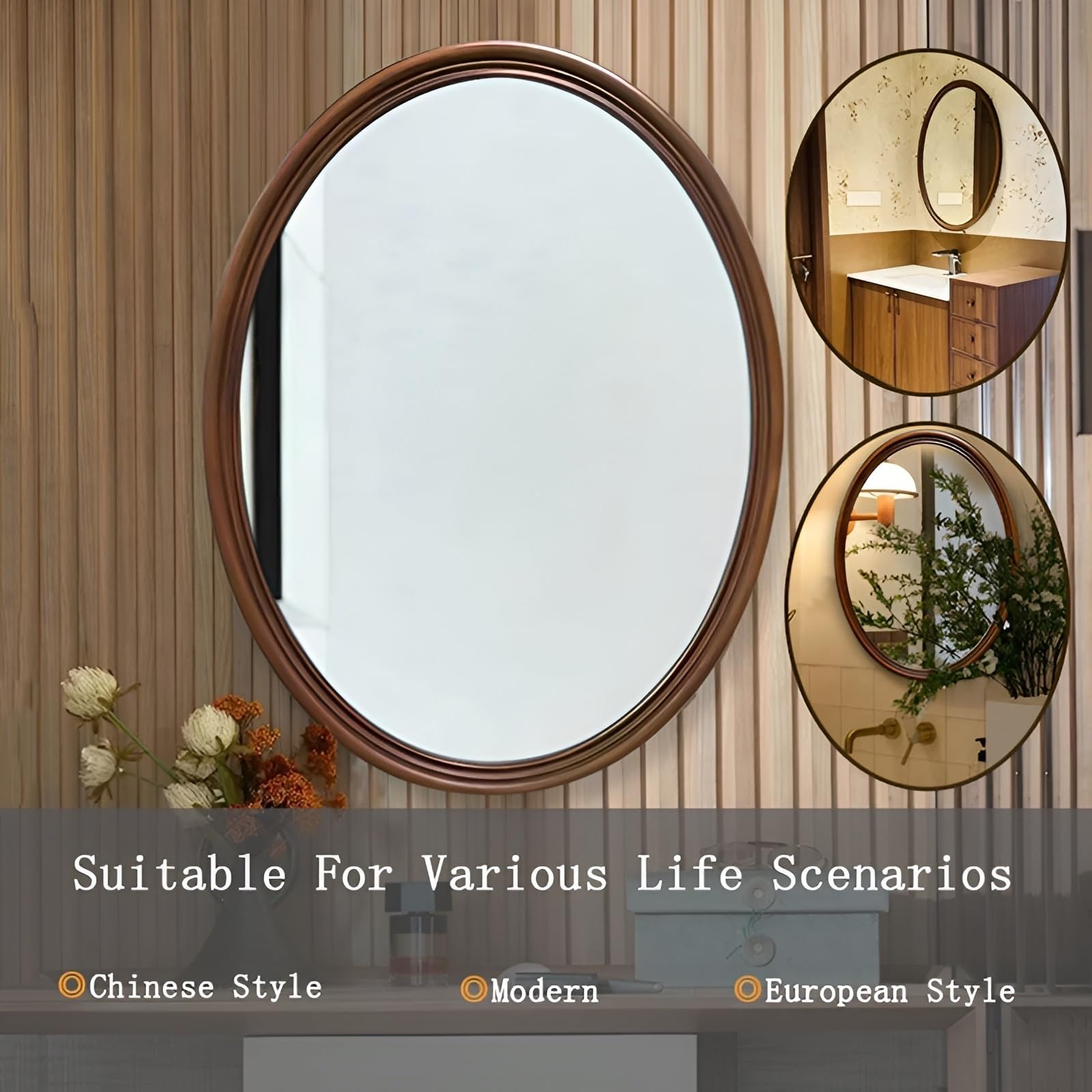 Specchio Da Parete Con Cornice In Legno, Specchio Ovale Per Il Trucco, 50*70cm Specchio Cosmetico Ad Impermeabile E Antiossidante, Per Soggiorno, Ingresso E Camera Da Letto, Marrone(60*90cm(23.62*35.4