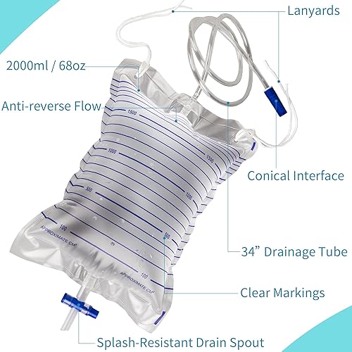 Miniatura 2 de Paquete de 10 bolsas de drenaje urinario, bolsas urinarias con válvula antirreflujo, bolsas de orina de 67.6 fl oz con interruptor de drenaje fácil,