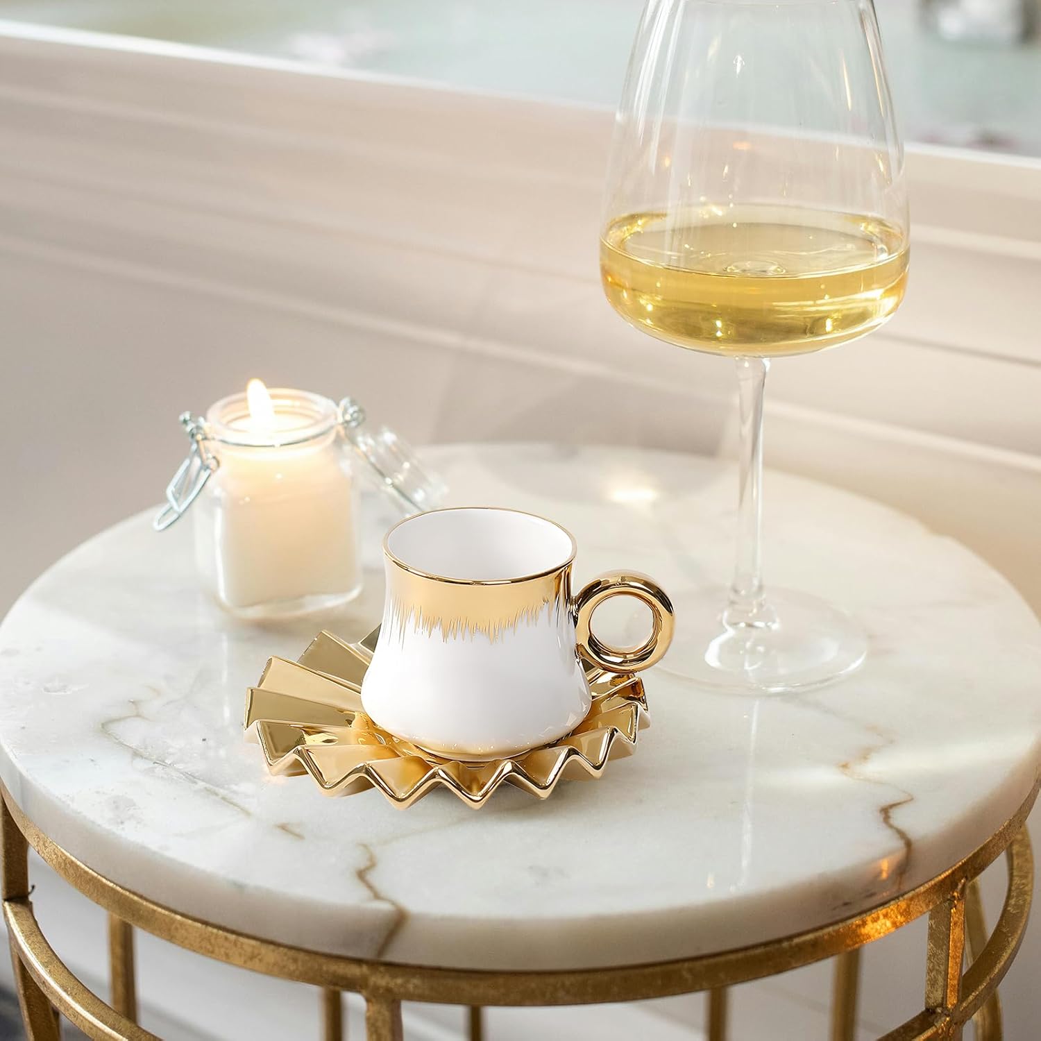 3.5oz Ceramic Turkish Coffee Cup Set of 6, Porcelain Espresso Cups and Saucers British Italian Cappuccino Cups with Gold Trim for Double Espresso Cappuccino Latte Mocha Tea (White)
