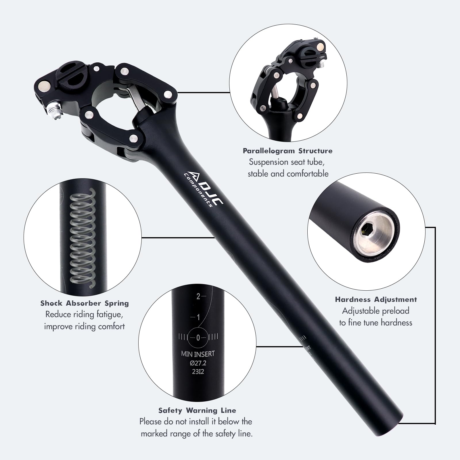 DJC Paralelogramo Fahrrad-Sattelstütze, Stoßdämpfer, Sattelstütze für MTB, Mountainbike, Rennrad, Kies, 27,2 mm, 28,6 mm, 30 mm, 30,4 mm, 30,9 mm, 31,6 mm, 33,9 mm x 350 mm