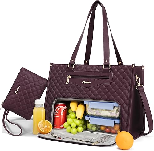 Bolsa de almuerzo para mujer, bolsa de trabajo para laptop de 15.6 pulgadas con compartimento aislado para lonchera y bolso, bolso acolchado de gran