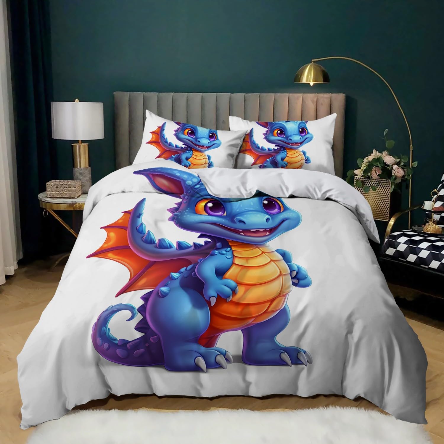 Housse de couette 200x200 dinosaure parure de lit 2 personnes microfibre ado adultes