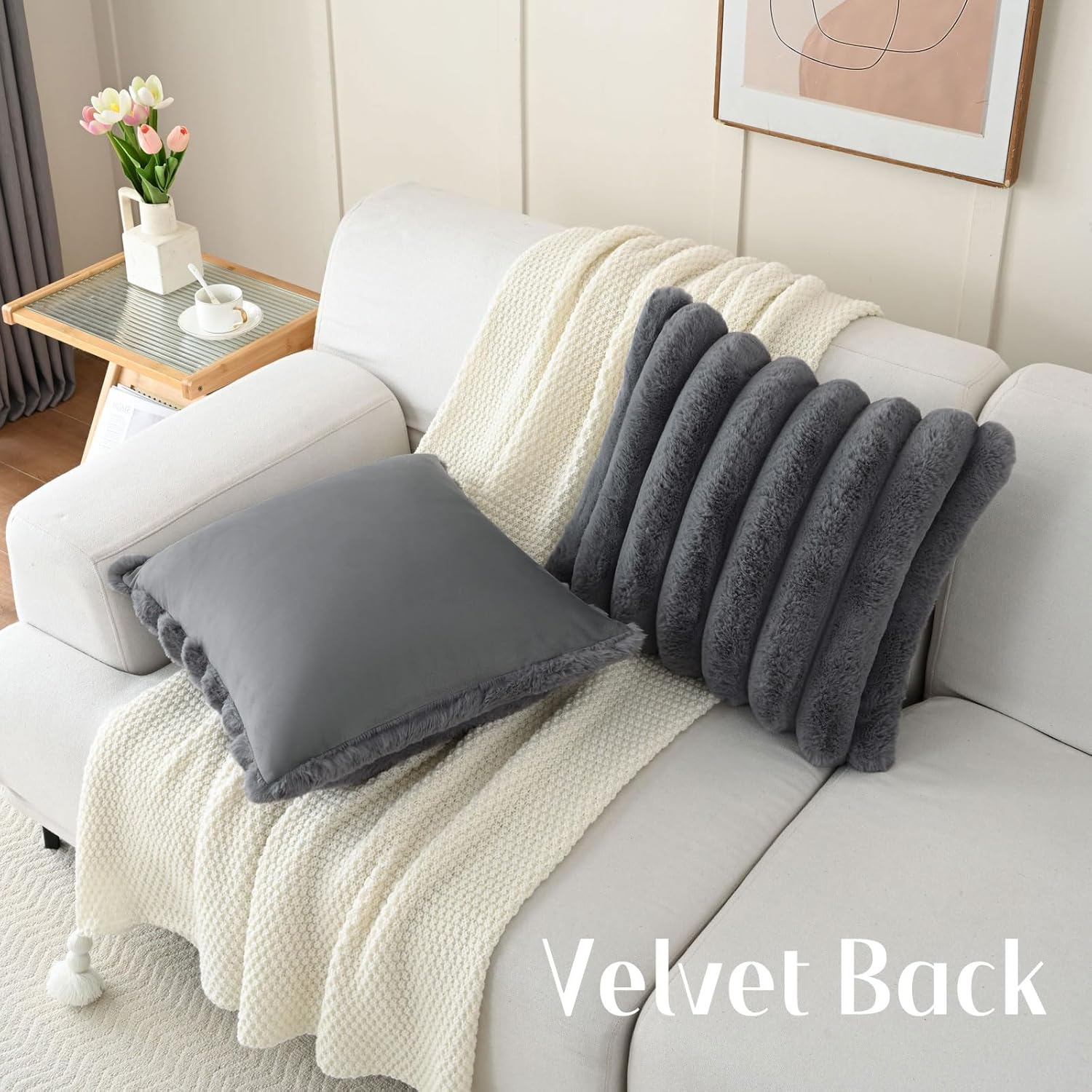 FUTEI Dark Grey Decorative Throw Pillow Covers 18x18 Inch Set of 2, Square Soft Faux Rabbit Fur Big Striped Cushion Cover,Home Decor for Couch Sofa Bed Living Room - Image 4