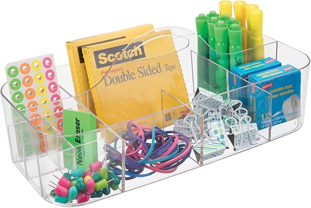 mDesign 11 Compartment Desk Caddy - Art Caddy with Handle for Office Supplies, Pens, Pencils, Paper, Highlighters - Drawer Organisers for Desk Organisation - Stationary Organiser - Clear
