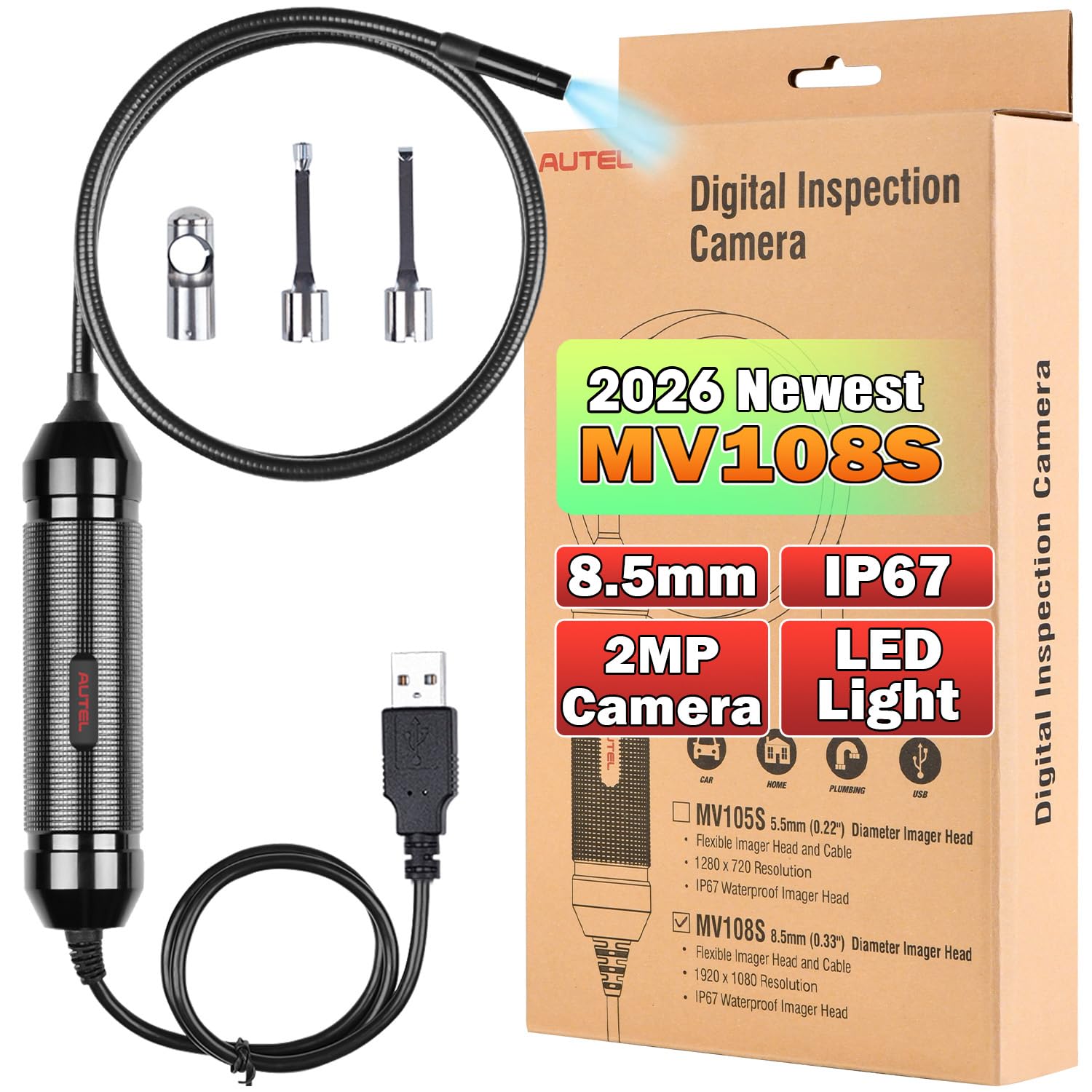 Autel MaxiVideo MV108S Digital Inspection Camera, 2026 8.5mm 1080P HD Semi-Rigid Snake Camera, IP67 Waterproof USB Borescope Industrial Endoscope w/