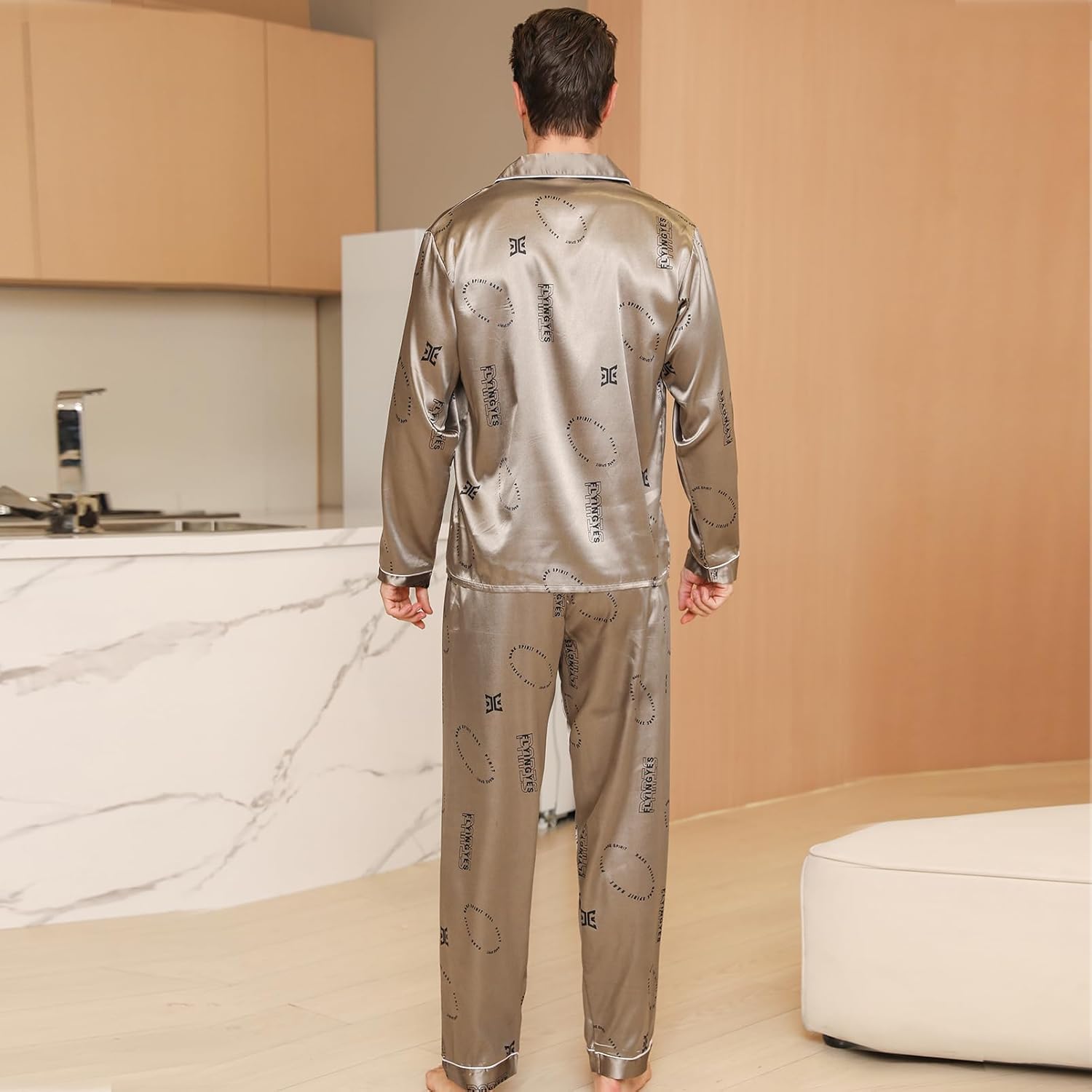 Mens Satin Pajama Sets color Pattern Long Sleeve Top and Long pants Silky Button Sleepwear