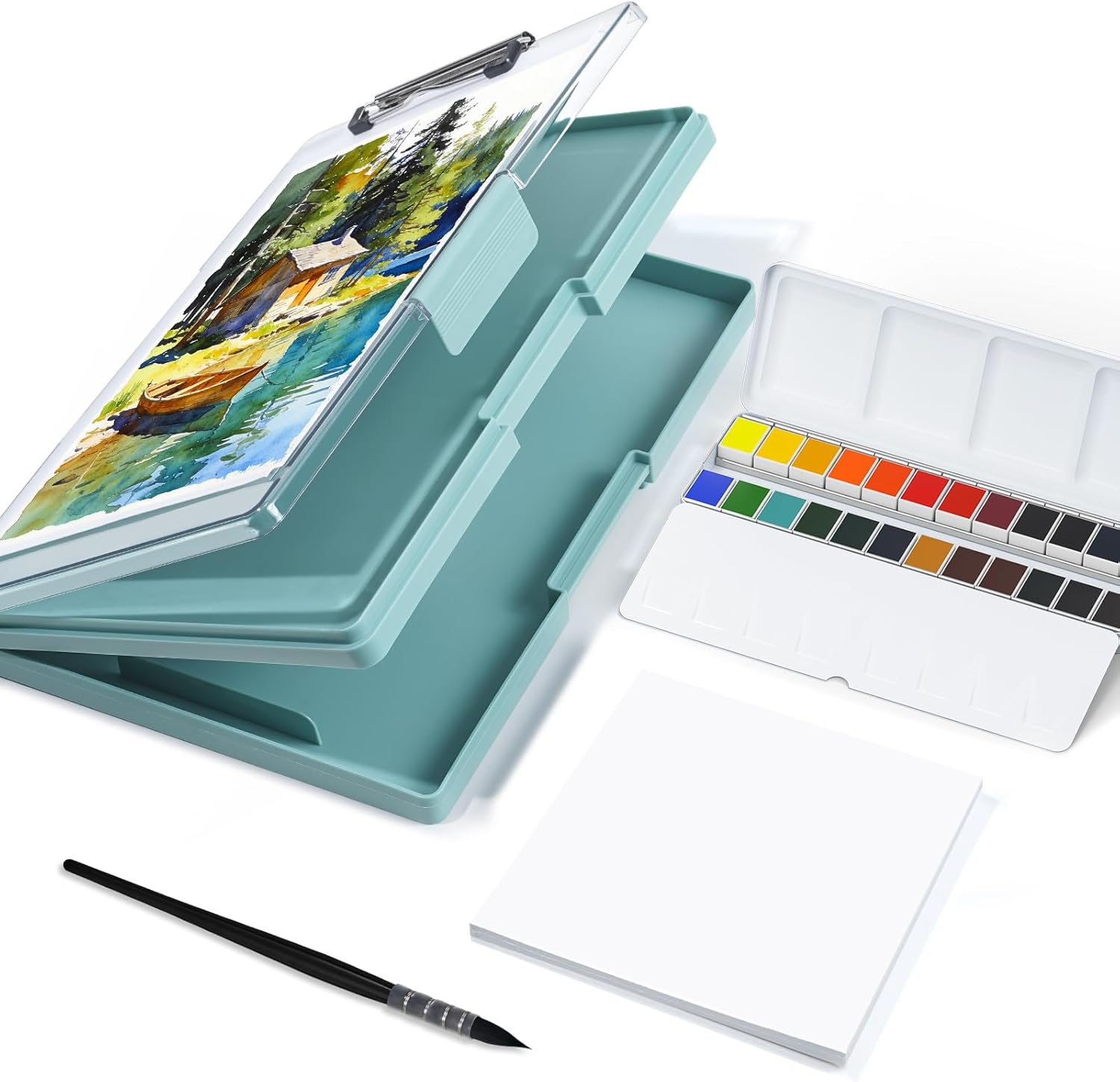 Travel Watercolor Paint Set, Watercolor Set Includes 24 Colors Solid Watercolors + 7.5x7.5 inch 100% Cotton Watercolor Paper(20 Sheets) + 1 Watercolor Brush + Green Double Layer Organizer