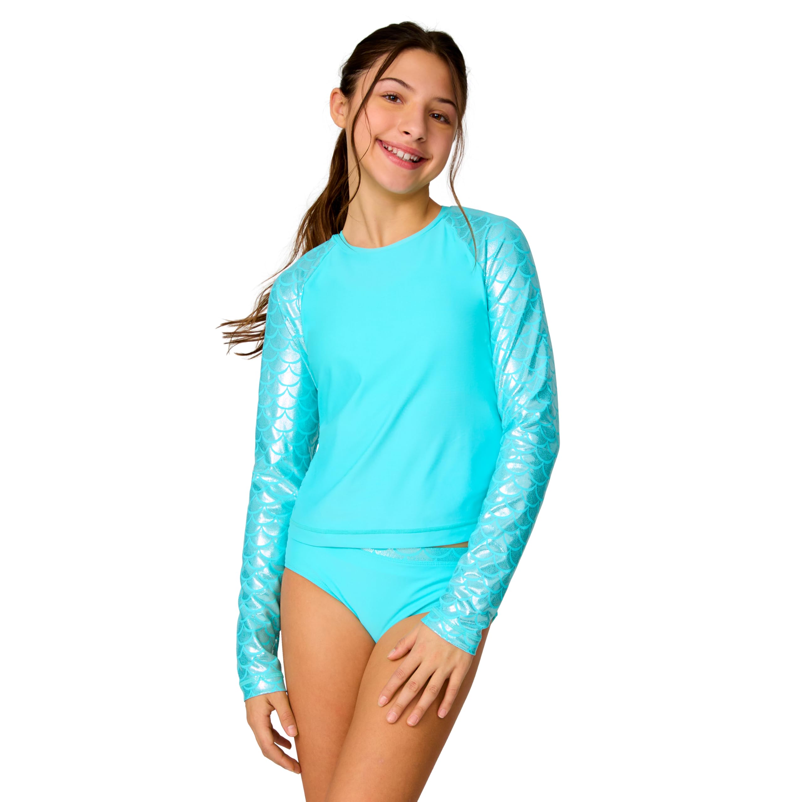 Free Country Girls 3 Pieces Swimsuit Rash Guard Long Sleeve Quick Dry UPF 50+ Set Tankini Bathing Suits Summer Kids Swimwear-Aquatopia Foil Mermaid-Size-L