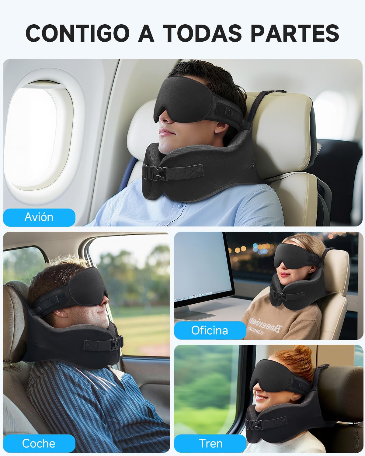 Umisleep Cojín Cervical de Viaje para Avión para Vuelos Largos, Almohada de Memory Foam con Máscara de Sueño 3D, Soporte 360° para Cabeza y Cuello, Evita Que la Cabeza se Incline en Avión, Negro