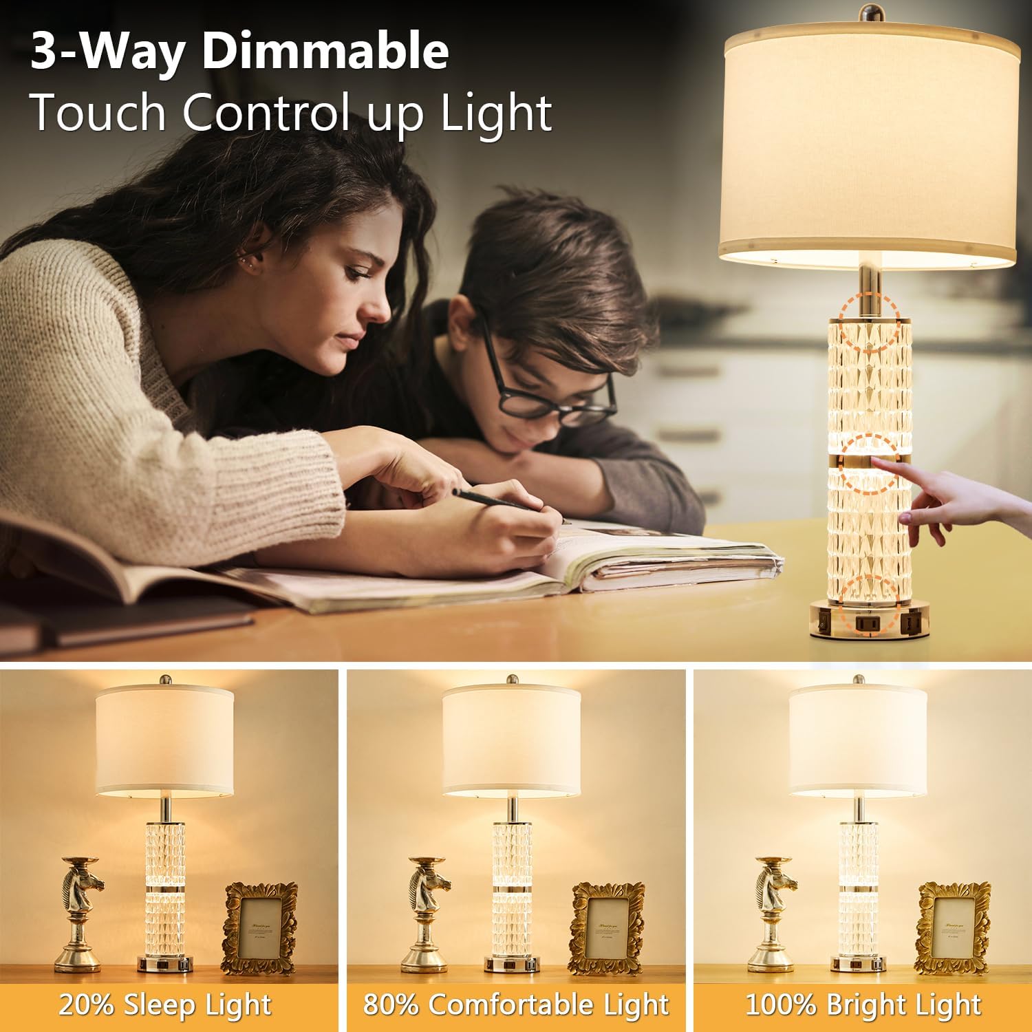 crystal table lamps modern 3-way dimmable bedside lamp with 2 usb ports & ac outlets for living room bedroom nightstand lamp night light silver-1 pack 27in