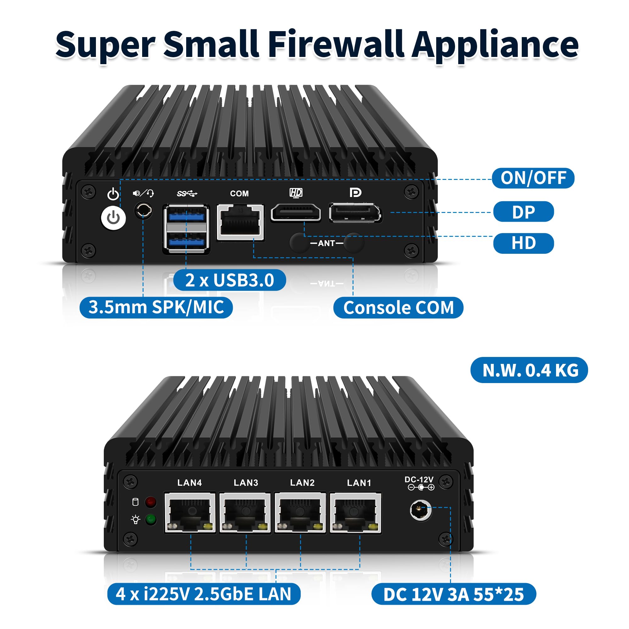 Mini PC Firewall Appliance, Pentium J3710, 4×2.5GbE i225-V LAN, OPNsense Hardware Mini Computer, Fanless Micro PC DDR3L Barebone NO RAM/SSD, HD, DP, COM RJ45, USB 3.0, AES-NI