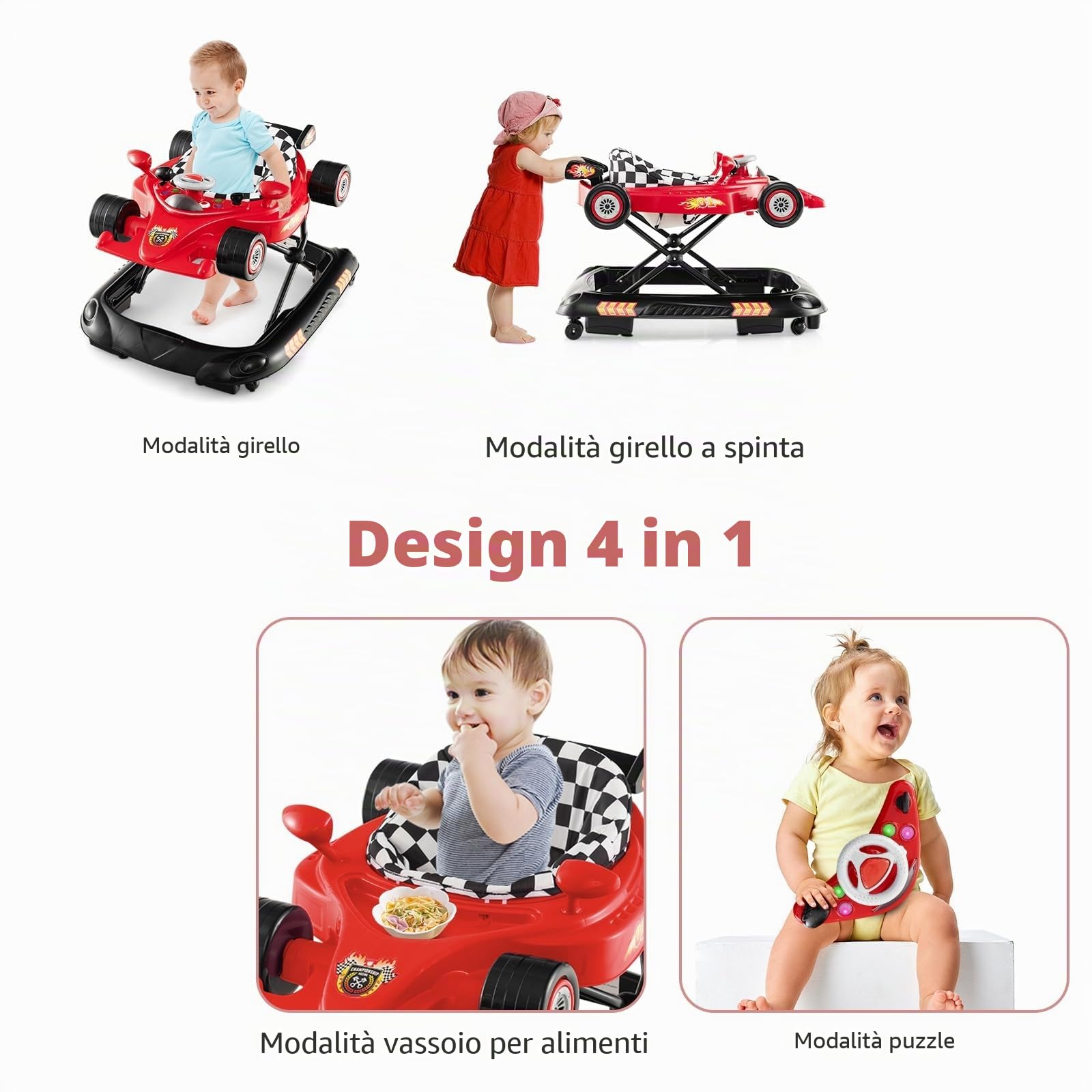 LIFEZEAL 4 in 1 Girello Neonato, Girello per Bambini Pieghevole, con 3 Altezze Regolabili, Giocattolo Rimovibile, Sedile Confortevole e Ruote, Portata 12 kg,Primi Passi per 6-14 Mesi