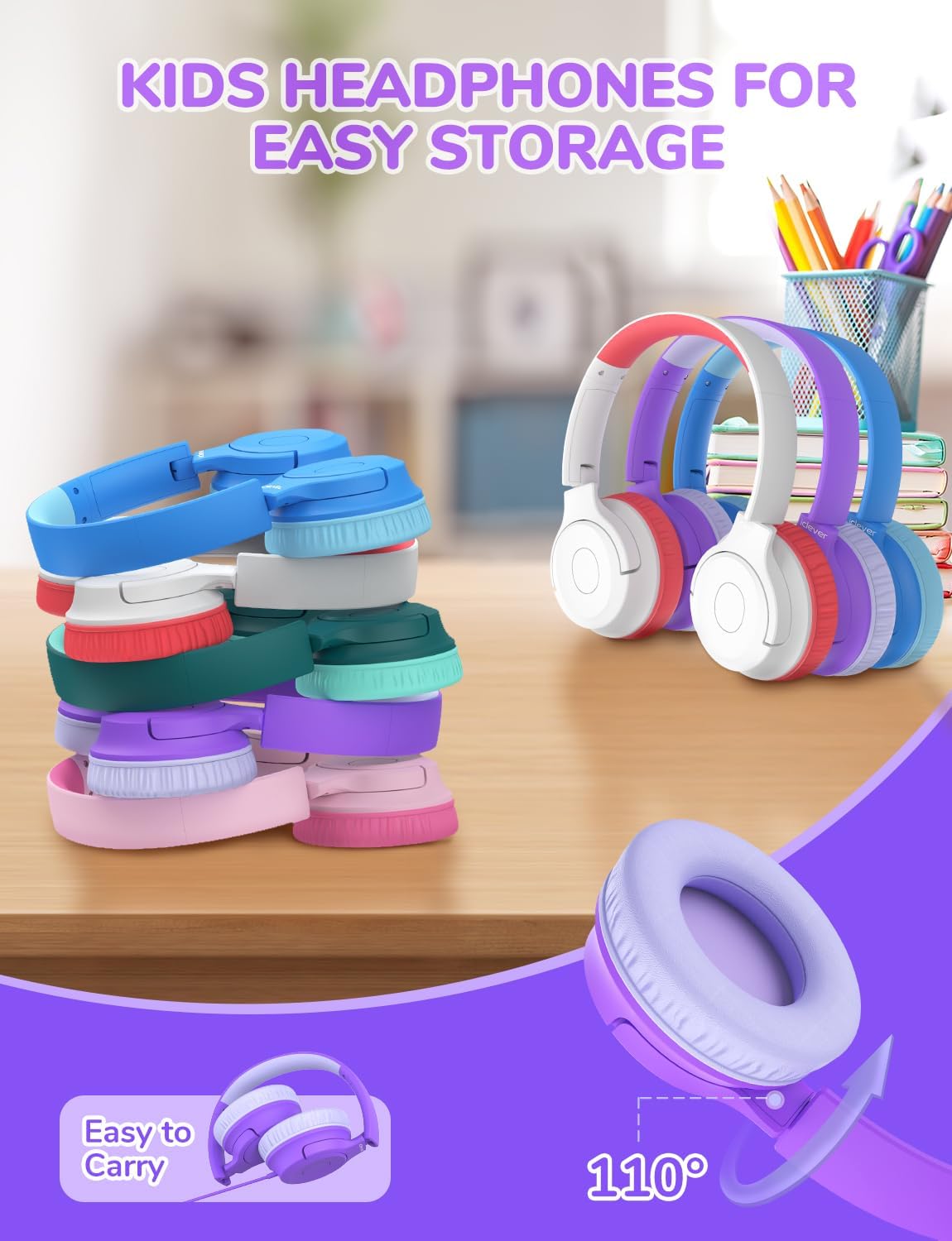 iClever Kids Headphones for School K-12, 85dBA Safe Volume, Tangle Free, 3.5mm Jack, HD Stereo, Swivel Foldable Kids Headphones with Cord for Classroom/Student/Tablets/Laptop, Bulk 5Pack