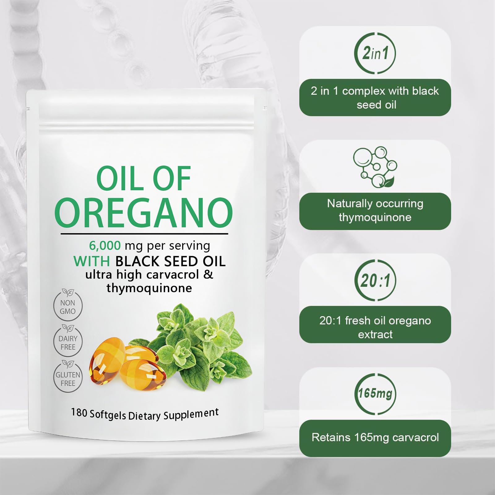 Oil of Oregano Softgels 6000mg with Black Seed Oil, Plant Based, Non-GMO, Immune Support, 180 Count - 5