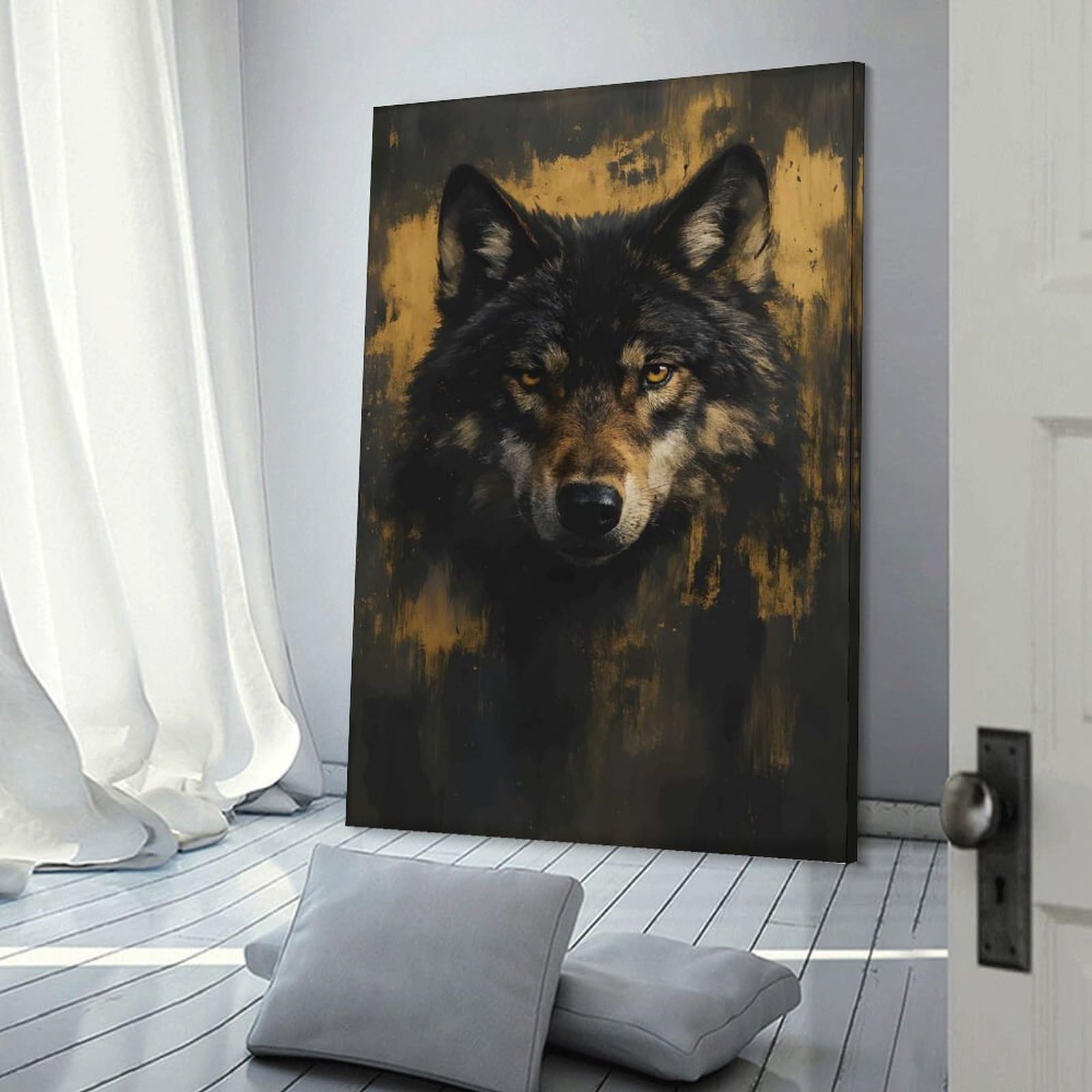 Junmoney Hanging Wall Art Wolf Portrait with Golden Accents, 20x30inch(50x75cm), for Work Areas, Reading Rooms Or Studios, Wall Art That Adds Style to Work Areas