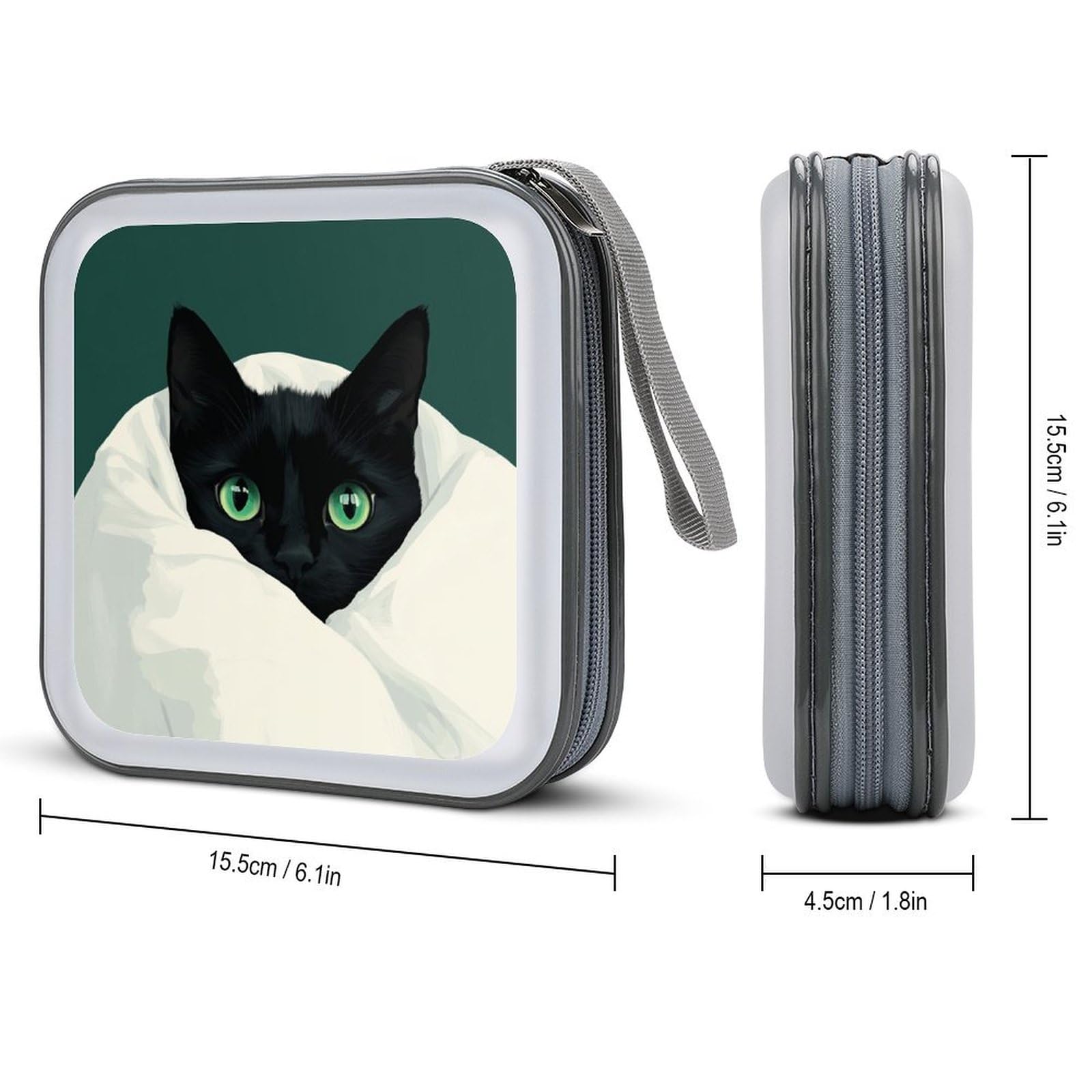 Black Cat Green Eyes Under White Blanket CD Case DVD Storage Case Portable