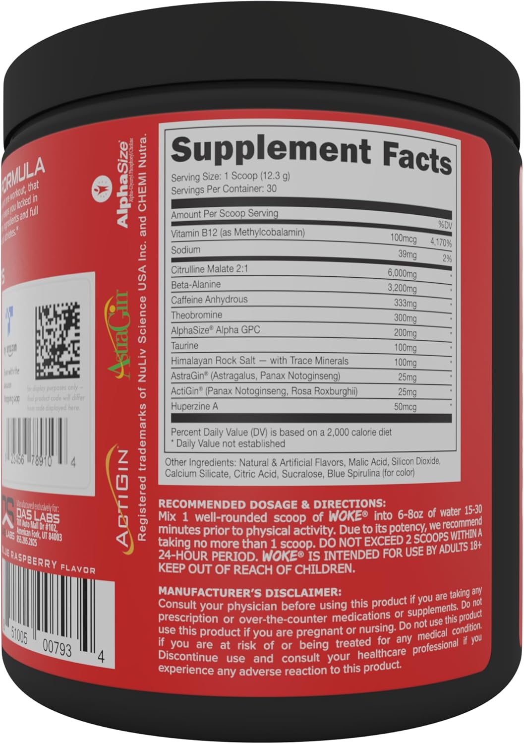 Bucked Up - Woke - HIGH STIM Pre Workout - Best Tasting - Focus Nootropic, Pump, Strength, 30 Servings (Blue Raspberry)