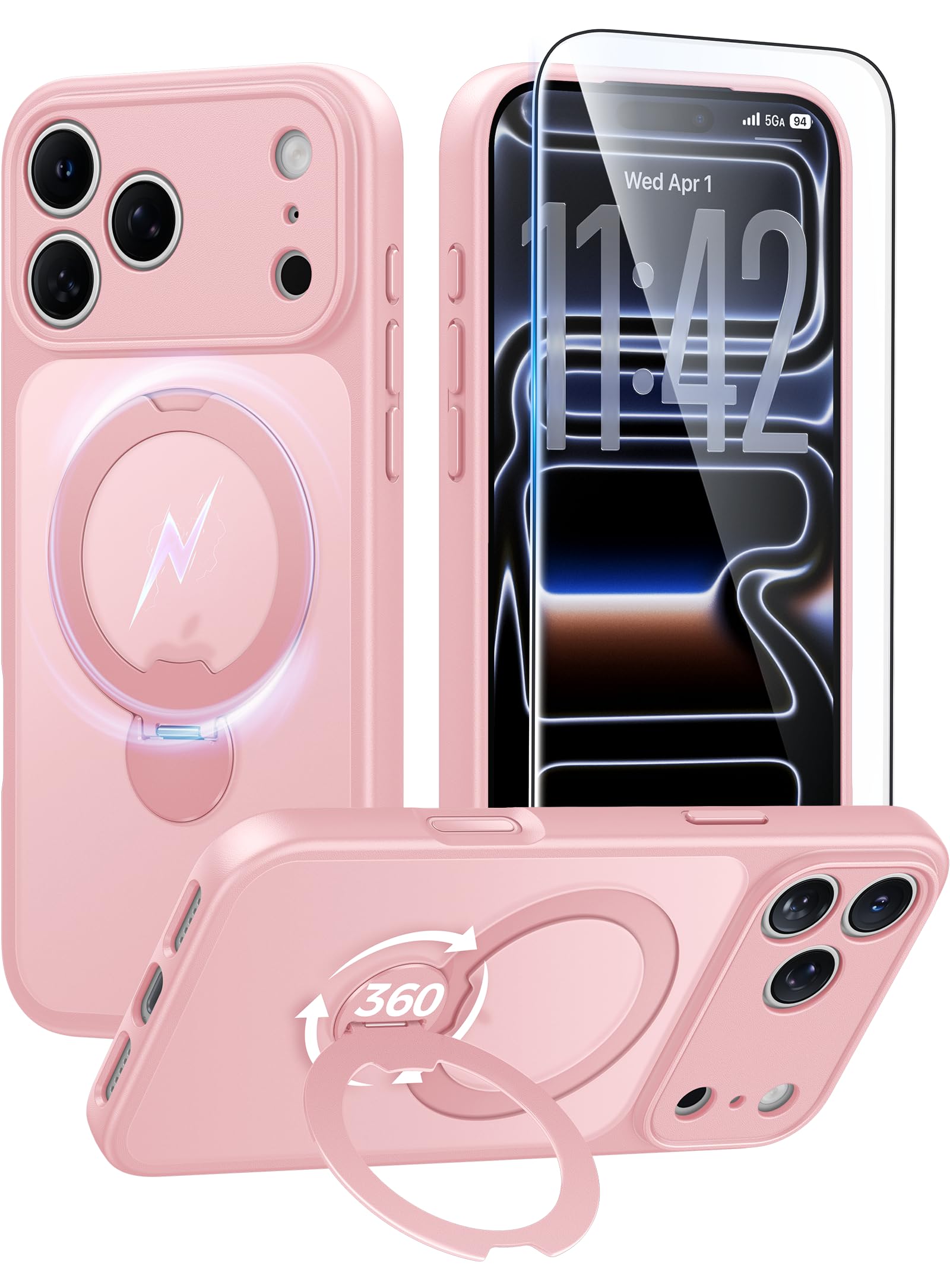 FNTCASE for iPhone 17 Pro-Max Case: [360 Spin Magnetic Stand] [Compatible with Magsafe] [Screen Protector] Translucent Matte Military Grade Shockproof Full Camera Protective Phone Cover - Pink