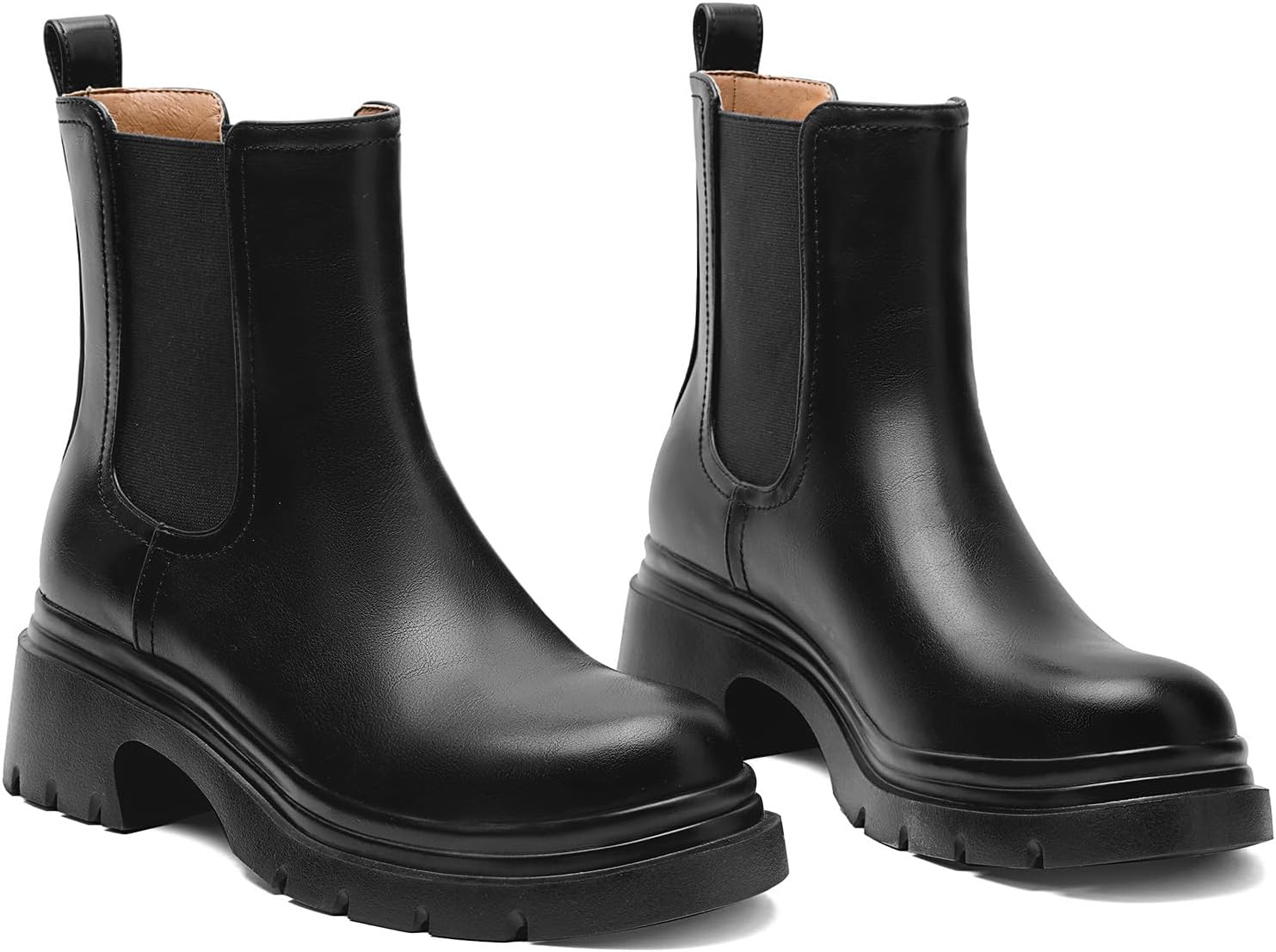 FEMSTEP Women's Chelsea Boots, Slip On Chunky Heel Womens Booties Platform Ankle Boots Round Toe Elastic Ankle Boot for Casual Office Outdoor Shoes