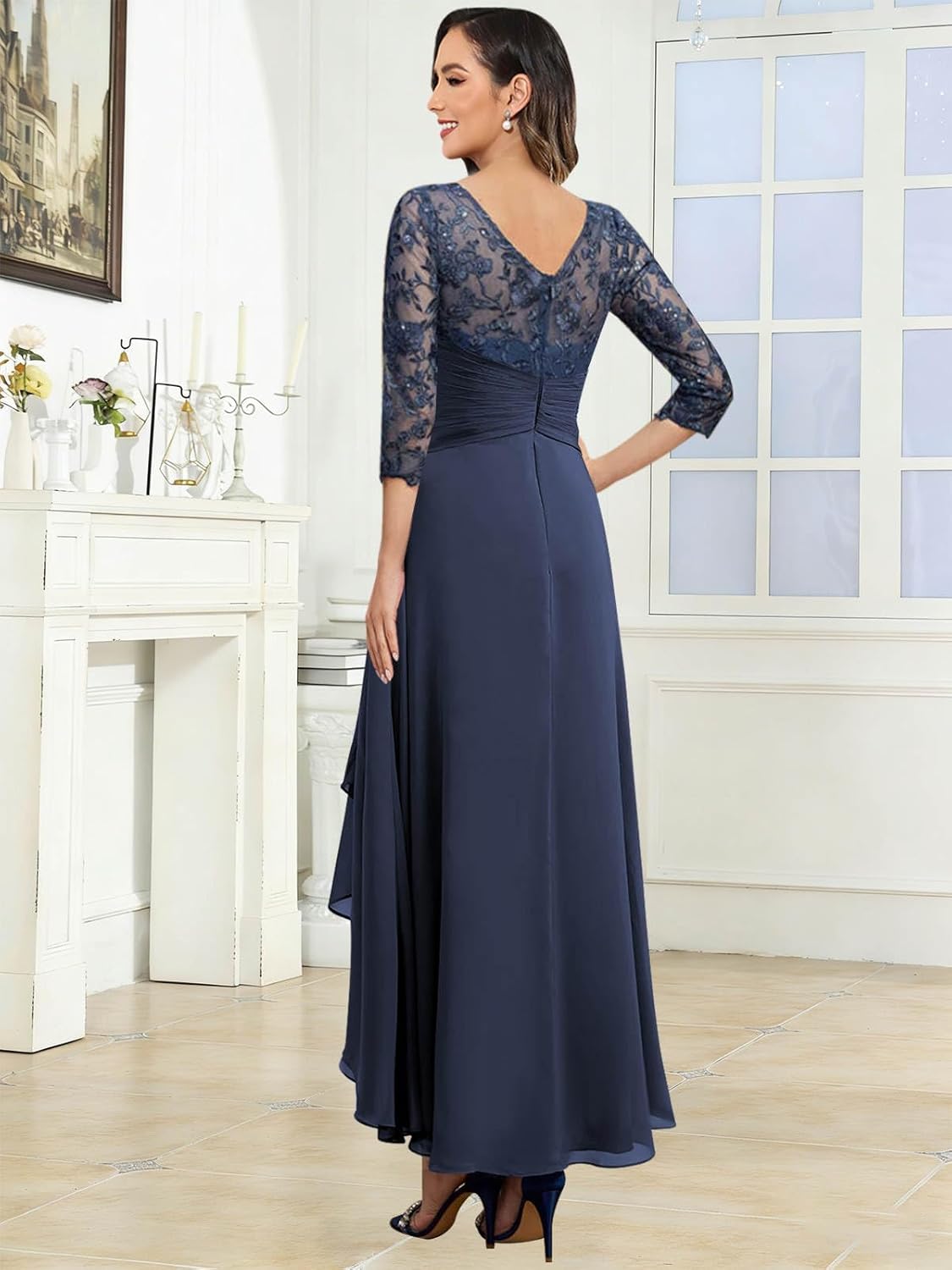 Tea Length Chiffon Mother of The Bride Dresses Lace Appliques A Line Ruffle Wedding Guest Dress with Sleeves - Image 3