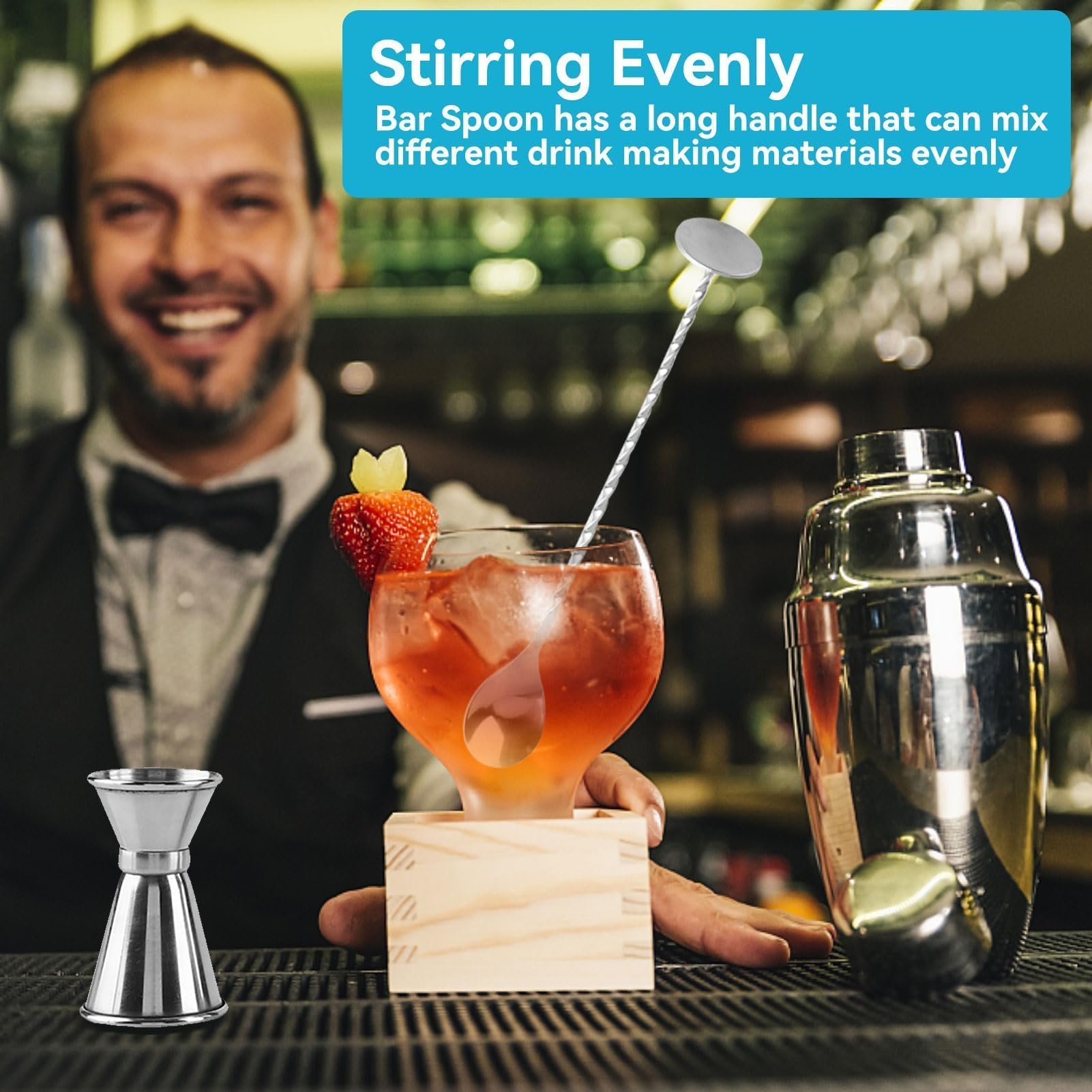Kit da Barman 4 Pezzi, Misurino Doppio per Cocktail in Acciaio Inox con Tappo Versatore, Manico a Spirale Ergonomico Cucchiaio da Bar e Pestello, Set di strumenti per miscelare bevande