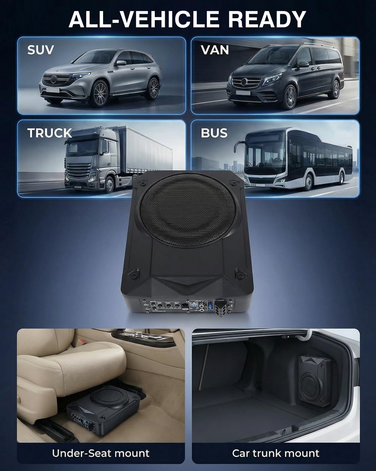 Subwoofer Attivo per Auto, Potenza Massima 800W, 8" Subwoofer Compatto da Installare Sotto il Sedile, Amplificatore Integrato, Subwoofer Chiuso, Nero, Compatibile con Diversi Modelli di Auto