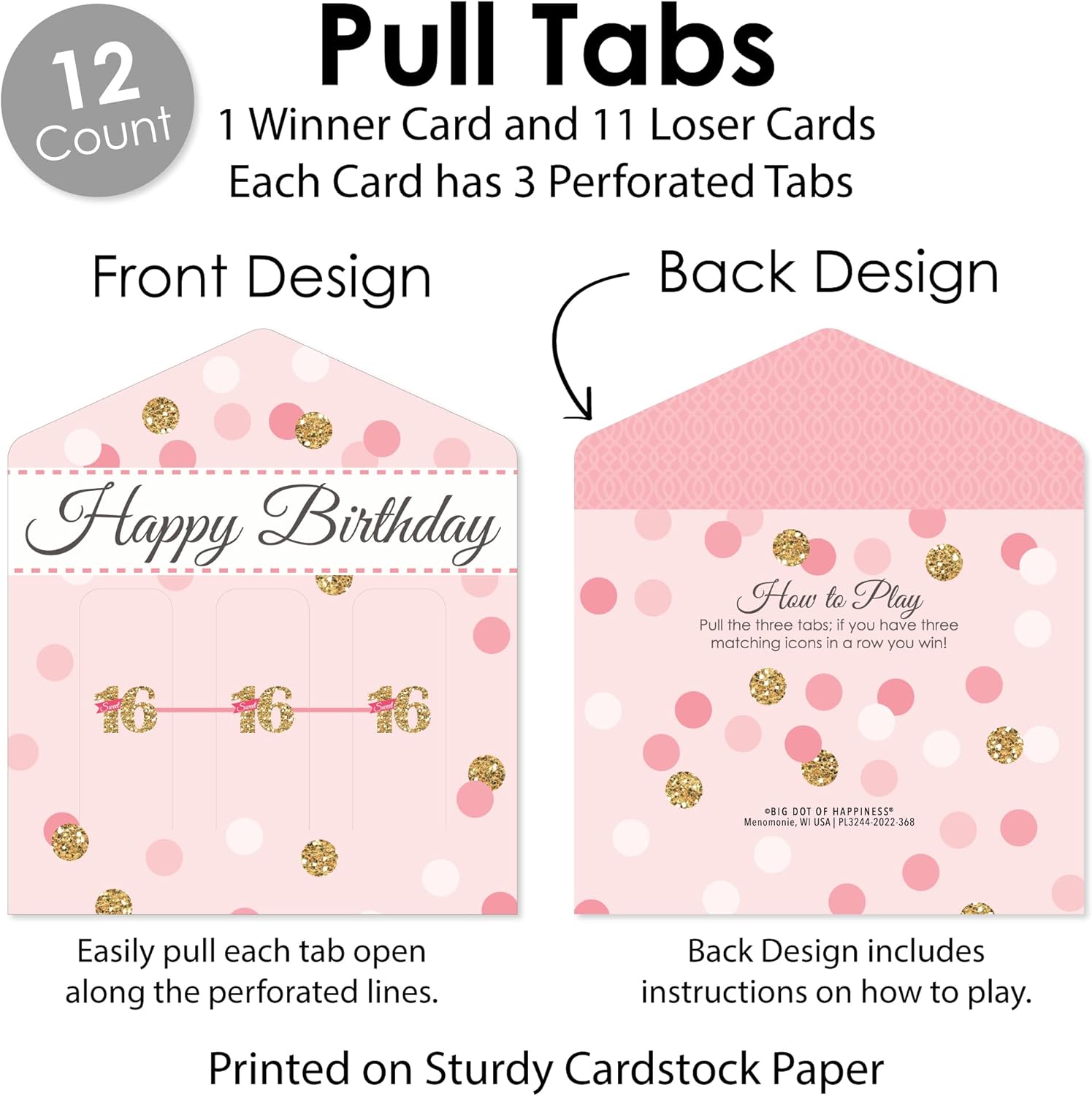 Big Dot of Happiness Sweet 16-16th Birthday Party Game Pickle Cards - Pull Tabs 3-in-a-Row - Set of 12