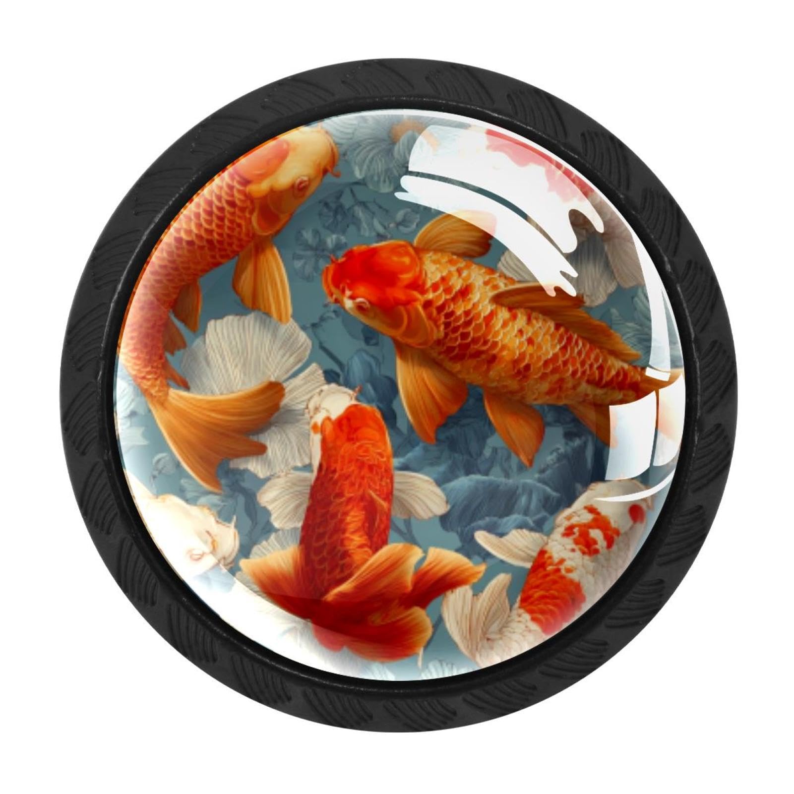 CHENZZZZ 4Pcs Fish. Koi Carp Pattern (7) Drawer Knobs Black Cabinet Knobs Cupboard Handles Hardware Round Door Pull Handle for Cabinet Wardrobe Drawer Bedroom Bathroom Furniture
