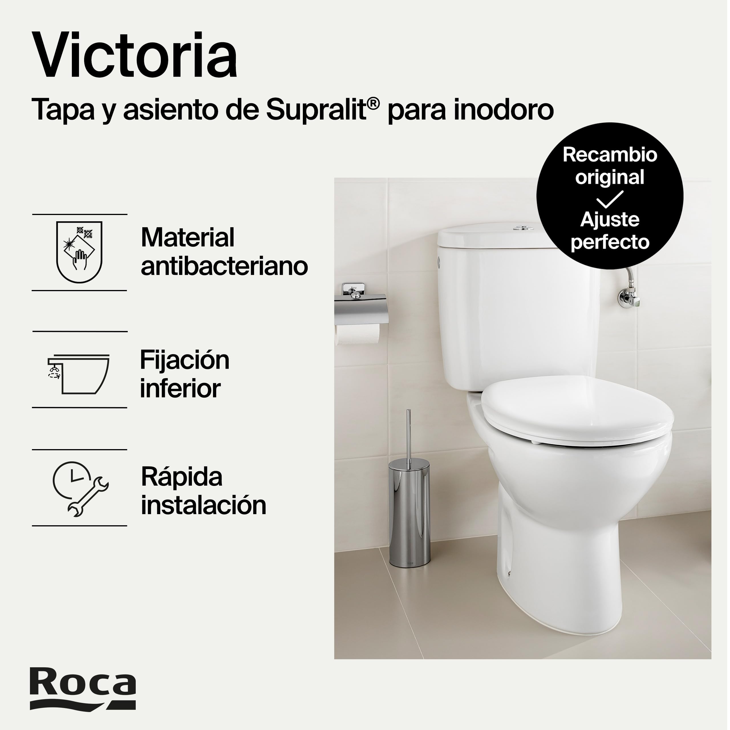 Roca Victoria - Tapa y asiento de Supralit para inodoro con bisagras de acero inoxidable, tapadera de WC original con ajuste perfecto, recambio resistente, pergamon, A801B6017B