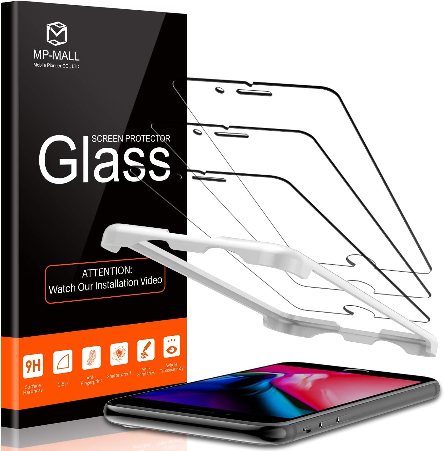 MP-MALL 3-Pack Screen Protector Compatible for iPhone 8 Plus, iPhone 7 Plus, iPhone 6 Plus, iPhone 6s Plus 5.5-inch Tempered Glass, Alignment Frame Easy Installation Case Friendly