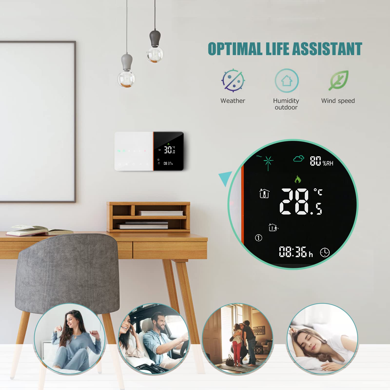 Thermostat Connecté pour Chaudiere Gaz, Intelligent avec écran Tactile Coulissant à Dégradé de Couleurs, Compatible Alexa Google Home, Prise en Charge la Commande Vocale Distance