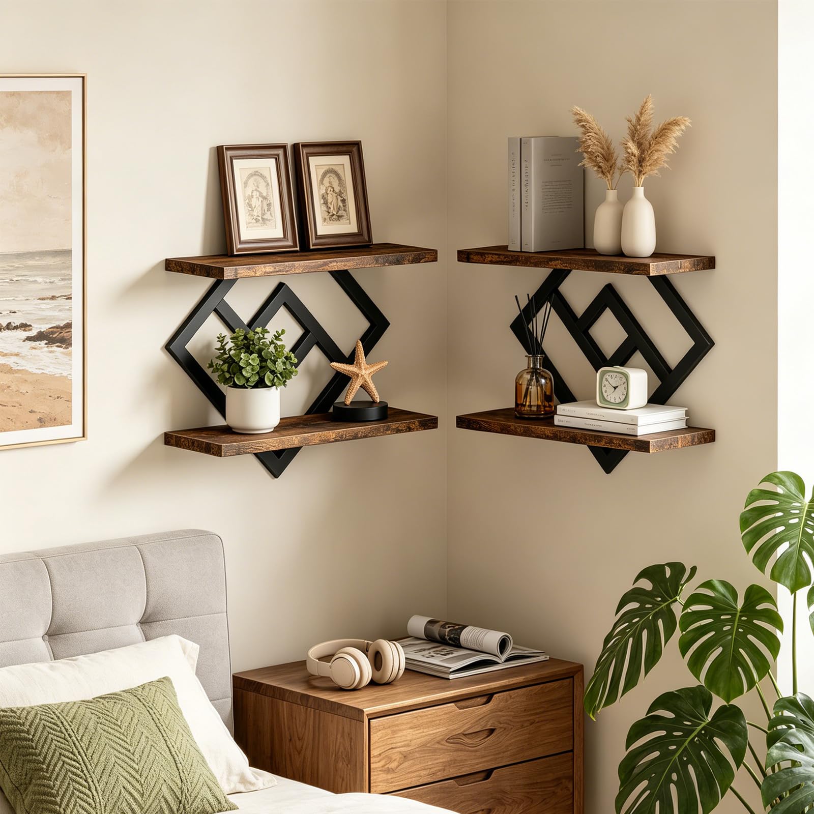 Juego de 2 estantes de pared de madera y metal, estantes flotantes, estantes flotantes de roble, para salón, cocina, dormitorio, oficina, retro, marrón y negro (marrón negro-2)