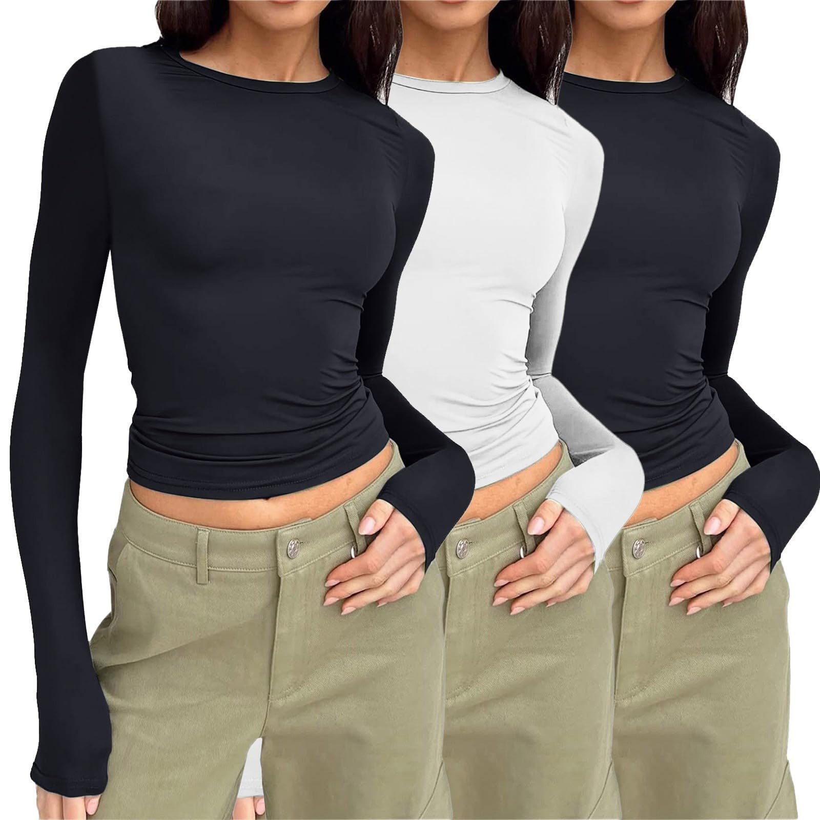 3er Pack T-Shirt Damen Rundhals Tshirt Eng Damen Basic Y2k Top Einfarbig Shirt Kurzarm/Langarm Slim Fit Tshirts