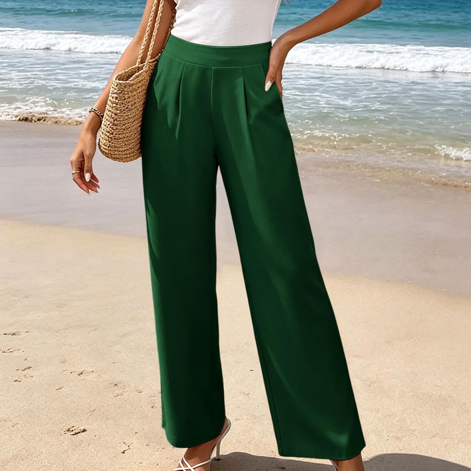 Womens Wide Leg Dress Pants High Waist Stretch Slacks Work Pants Ruched Business Casual Office Trousers with Pockets