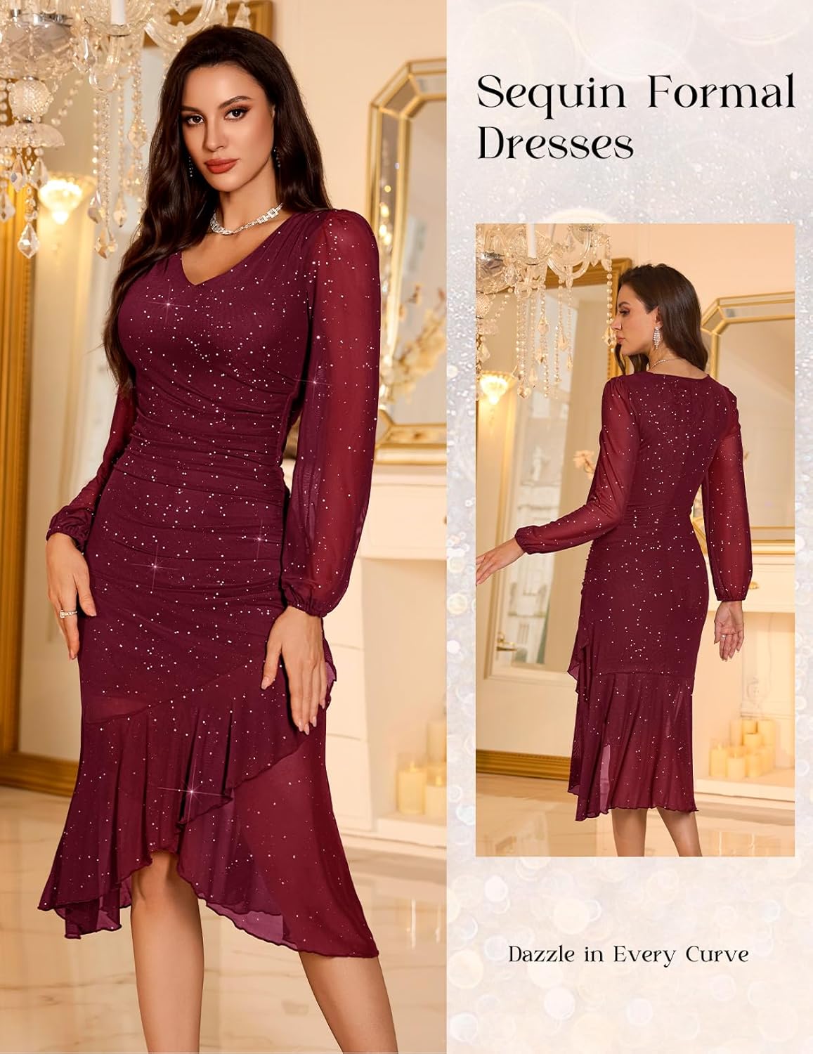 DRESSTELLS Sequin Wedding Guest Dresses for Women, Formal Cocktail Evening Party Bodycon Mesh Ruched Long Dress - Image 4